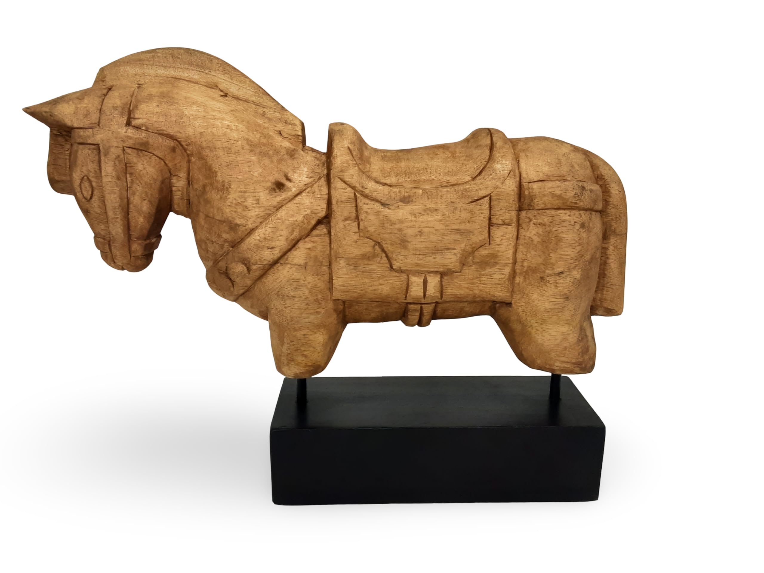Elm Home And Garden Nautal Mango Wood And Iron Horse Sculpture - Hand-Carved Decorative Statue For Home Accessories - Natural Finish - 41X9x36cm