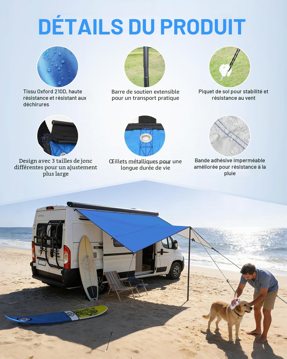 SUPAREE Auvent Camping Car Exterieur Auvents Caravane 3m Auvent Latéral Fourgon Protection UV Oxford 210D Imperméable pour RV SUV 3 x 2,4m