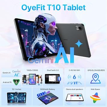 Tablet The World's First Android 15 with Gemini AI,10.1 Inch 18GB RAM 128GB ROM 2TB TF, Speed Up to 2.0 GHZ,Widevine L1,5000mAh,FM Radio,WiFi6, GPS,Bluetooth,Travel Gift,Kids Space,YT Kids