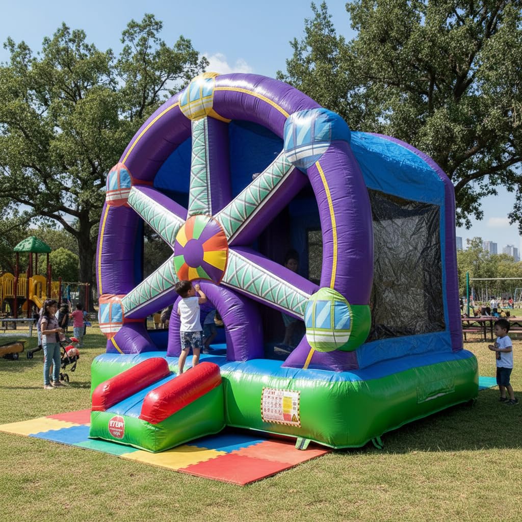 Profi Hüpfburg Riesenrad Thema 4,3x4m mit Rutsche & Gebläse 0,55mm PVC Spielhaus für 5-6 Kinder – Aufblasbares Event-Trampolin im Jahrmarkt-Design für Gärten Betonflächen und Rasenflächen