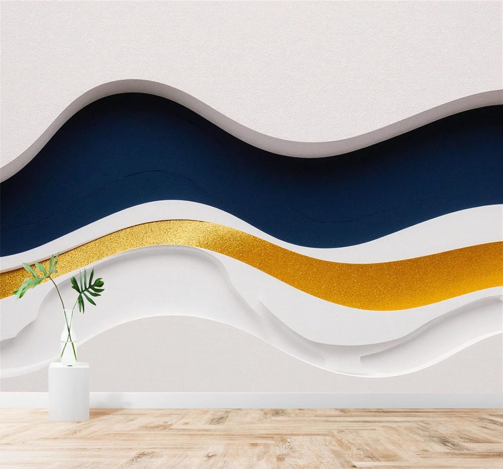 XLMING Blue Gold Abstract Minimalist Waves 3D Wallpaper Silky Texture Home Study Office Grey Dining Room Sofa Bedroom Living Room TV Backdrop-400cm×280cm