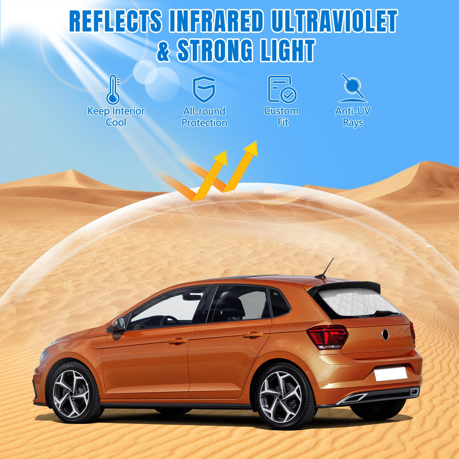 Pare-Soleil de Pare-Brise Arrière de Voiture Remplacement pour VW Polo MK6 2017-2026, Anti-UV Pliant Protecteur, Protection Anti-poussière Réfléchissante Parasol Pliable de la Vie privée