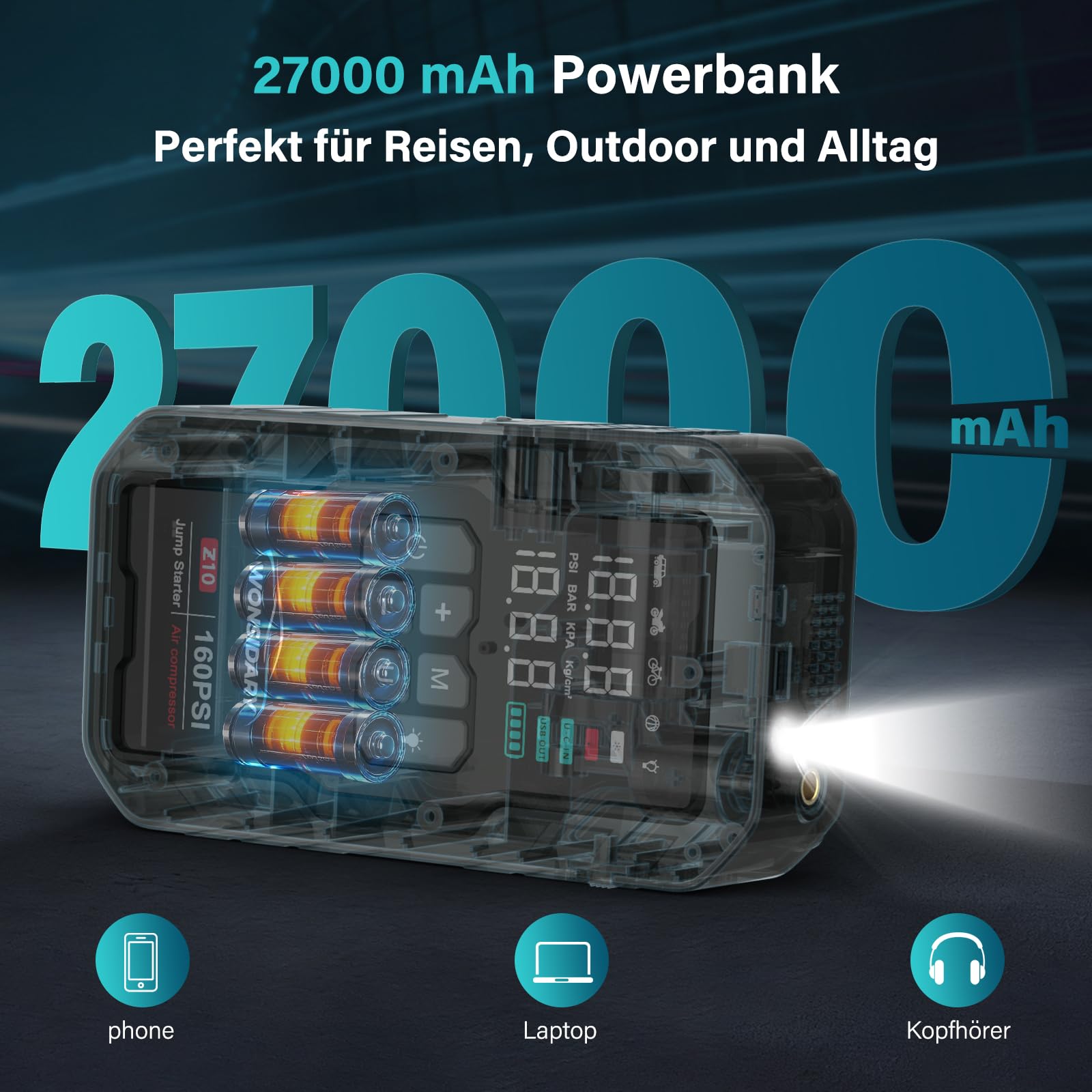 7000A Starthilfe Powerbank für PKW mit 160 PSI Kompressor | 27000 mAh Auto Starthilfe Powerbank für Alle 12V Benzin- & bis zu 8.0L Diesel motoren,4 LED-Lichter,Notfallset für Auto