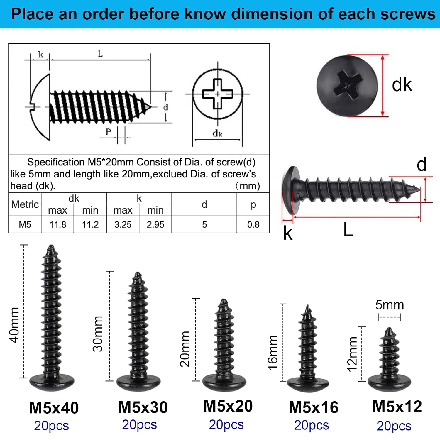 100 Pack Black Truss Head Phillips Wood Screws, M5 x 12/16/20/30/40mm Mushroom Head Sheet Metal Screws, Fast Self Tapping Screws for Furniture Cabinet, Sharp Point, Hardened Carbon Steel
