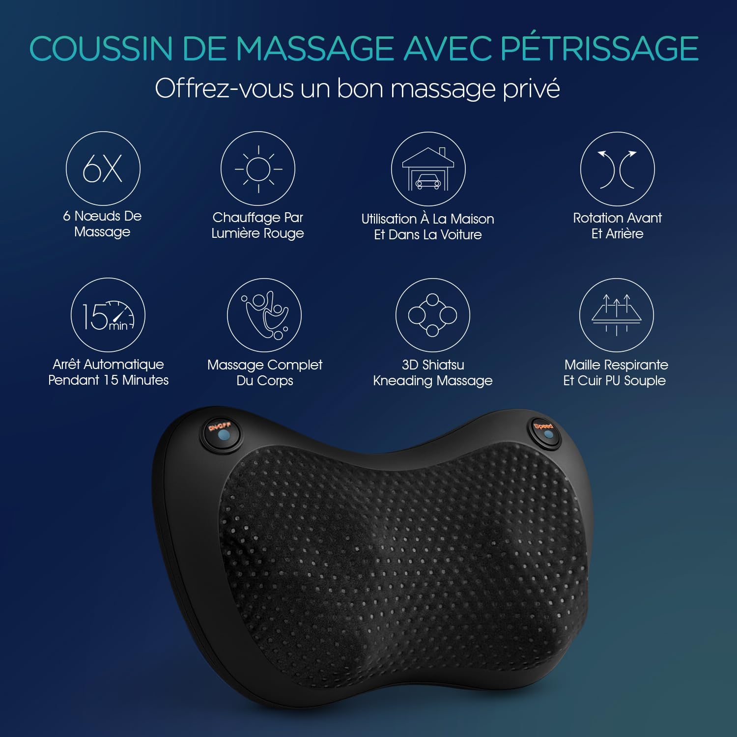 Appareil de massage du dos et de la nuque, coussin de massage Shiatsu avec chaleur, 6 nœuds rotatifs pour la taille, les jambes, le soulagement des douleurs corporelles (Noir)