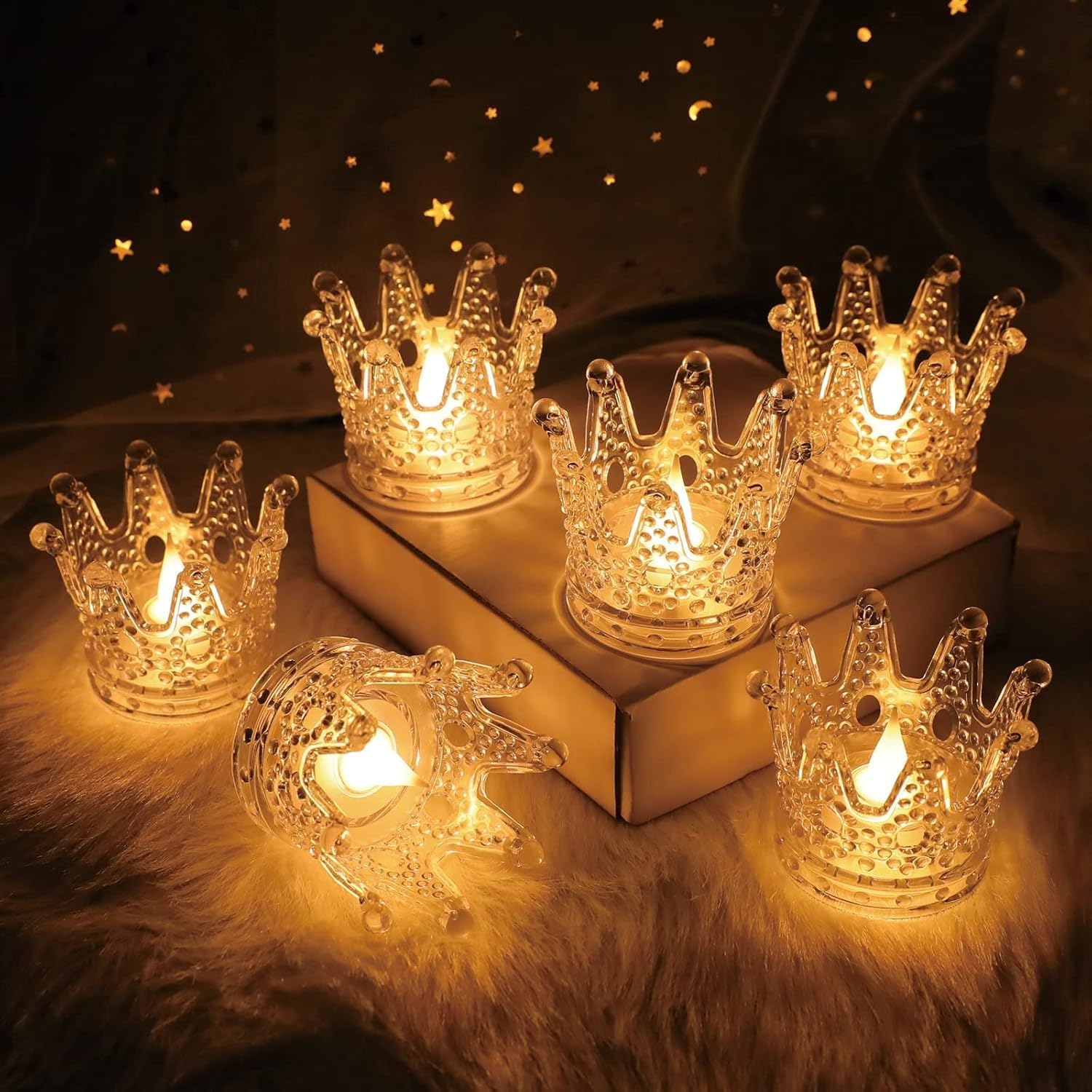 6 Pcs Set Crown Shaped Flameless LED Tea Light Candles - Smokeless Decorative Transparent Acrylic Lights for Christmas and Festive Diwali Decorations (Pack of 6, Warm White)