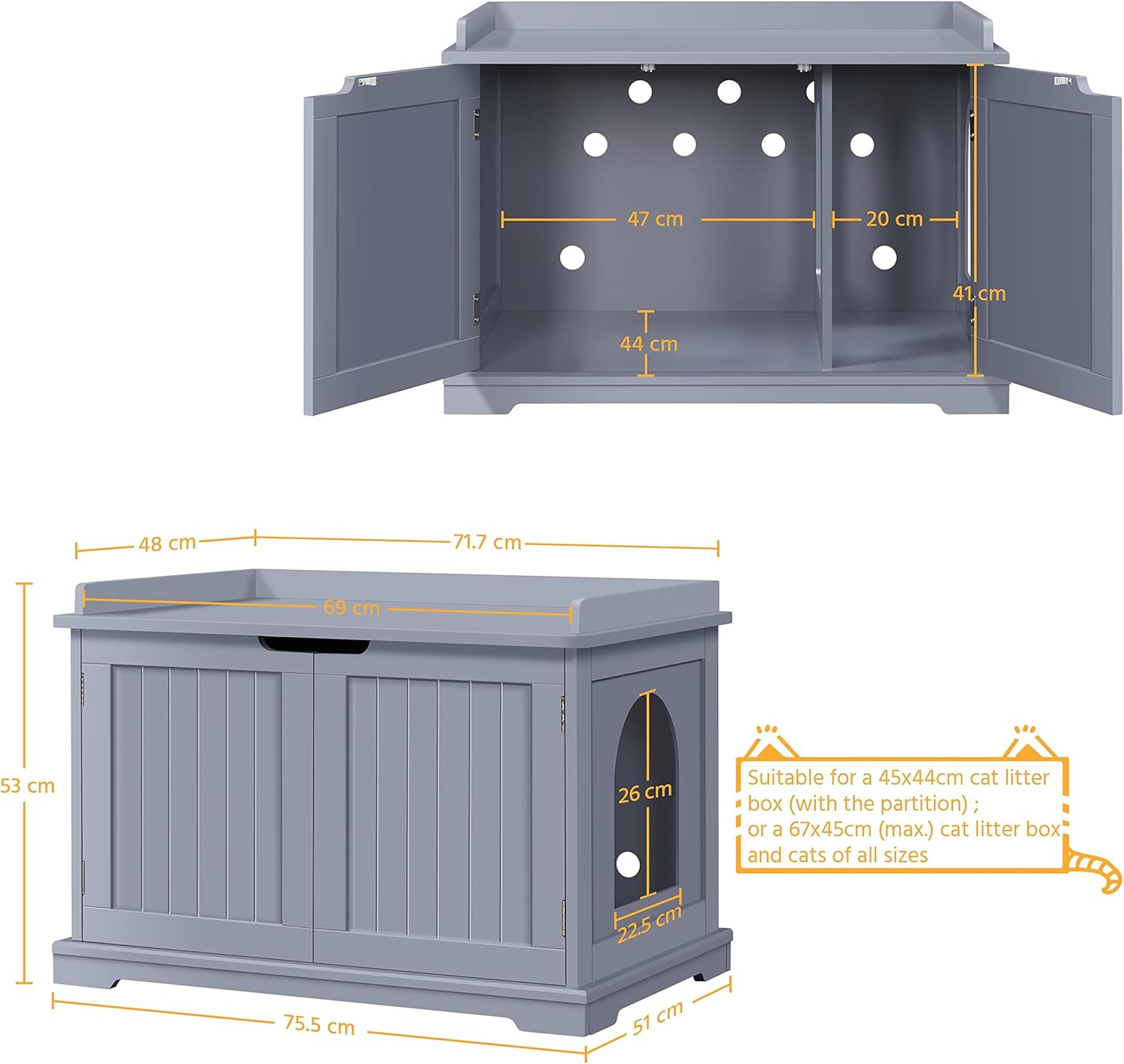 Cat Litter Box House Cabinet with MDF Wood Minimalist Double Doors with Side Access Ventilation Holes 75.5 x 51 x 52.5 cm Grey