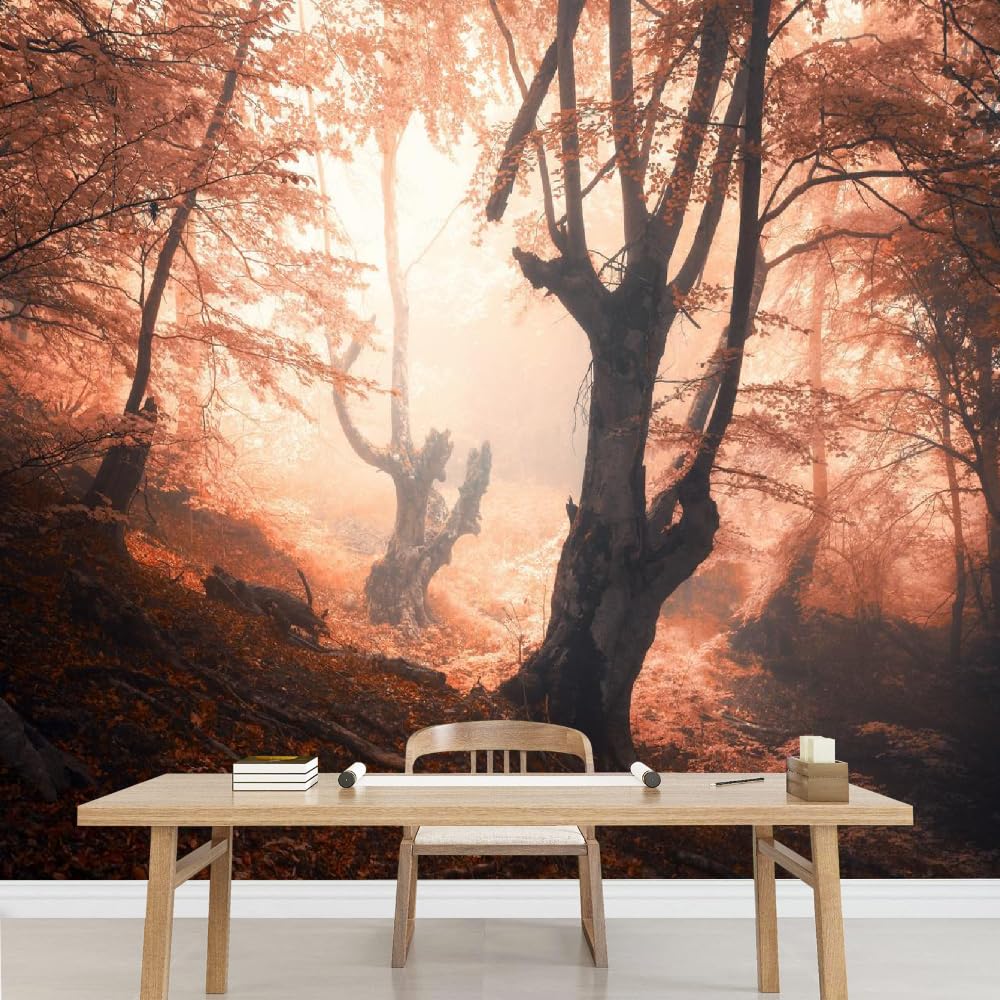 Mural de pared para dormitorio Árboles Del Bosque Otoño Vinilos de pared autoadhesivos grandes Niebla Póster para sala de estar habitación infantil fondo de TV 200x140cm