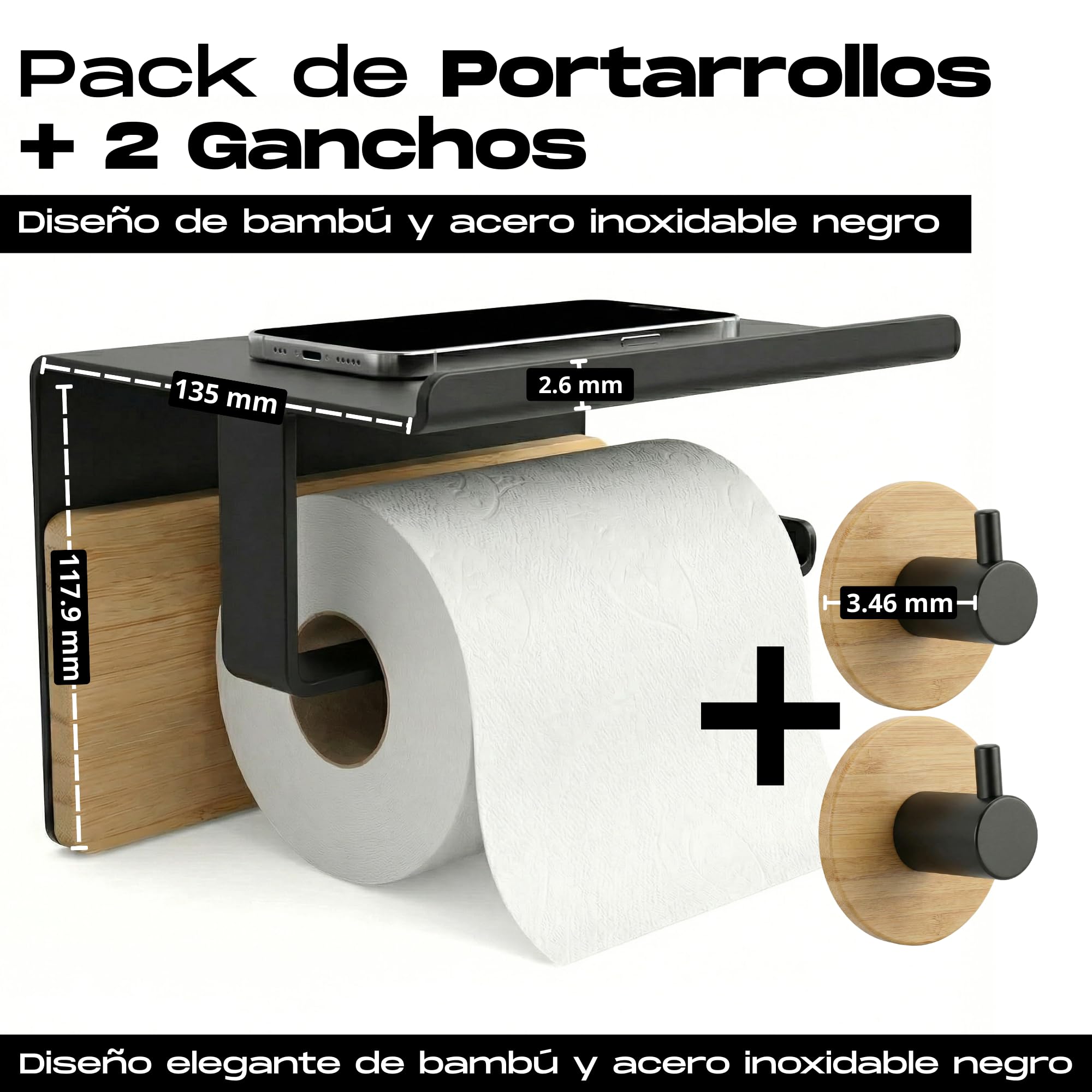 BYSER Portarrollos Papel Higienico Adhesivo con Repisa + 2 Ganchos. De Acero Inoxidable Negro y Bambú. Soporte para Papel Higienico Pared sin Taladro, con Accesorios Baño Modernos - 3