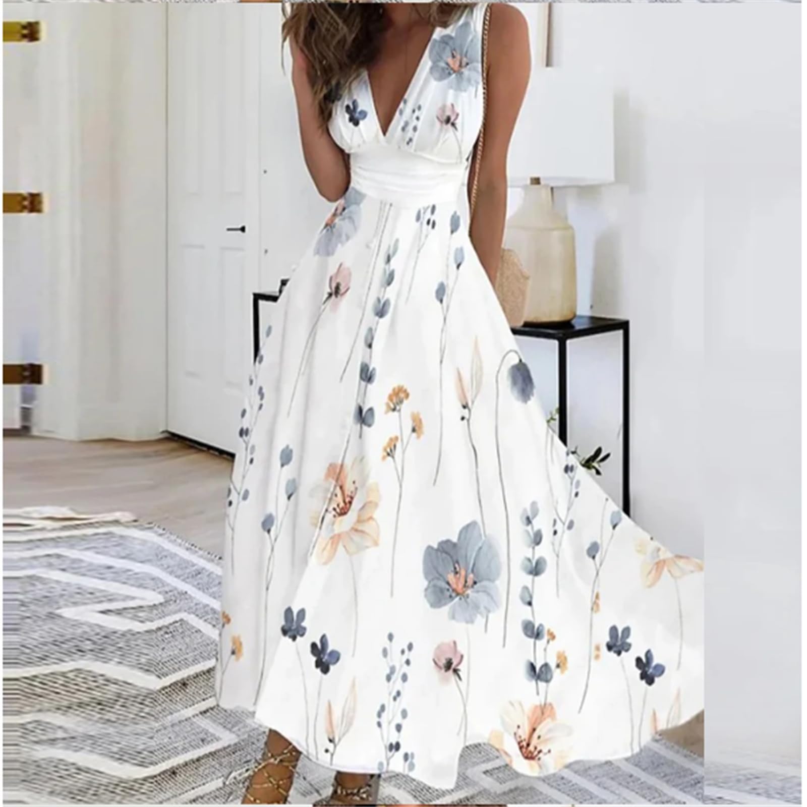 Abito a V Del Partito Swing Delle Donne Boho Floral Beach Dress Vacanze Abiti Estivi Plus Size Abbigliamento, HUTALIM, Verde, l