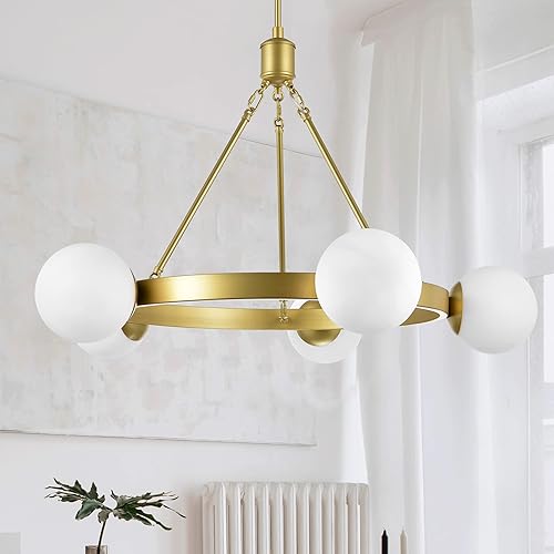Caserti - Candelabro de globos de estilo moderno de mediados de siglo con rueda de latón satinado de 46 pulgadas con luces, pantallas de globos de