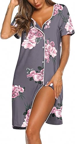 Ekouaer Camisón de manga corta con botones para mujer, camisón suave con cuello en V