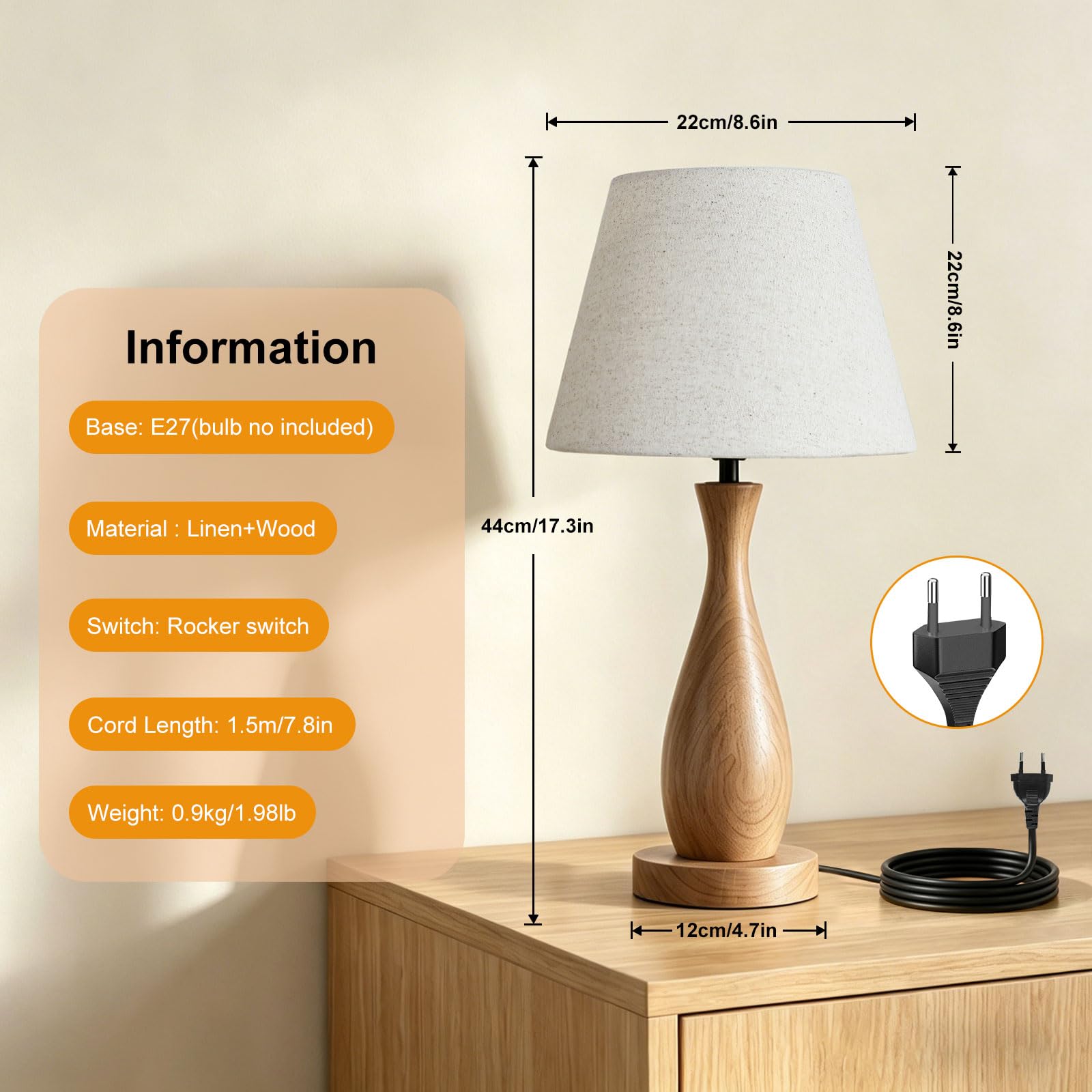 4776313 Tischlampe mit Leinen-Lampenschirm, moderne Nachttischlampe | E27, Holzfuß Tischleuchte für Schlafzimmer, Wohnzimmer, Arbeitszimmer und Flur, Leuchtmittel nicht enthalten