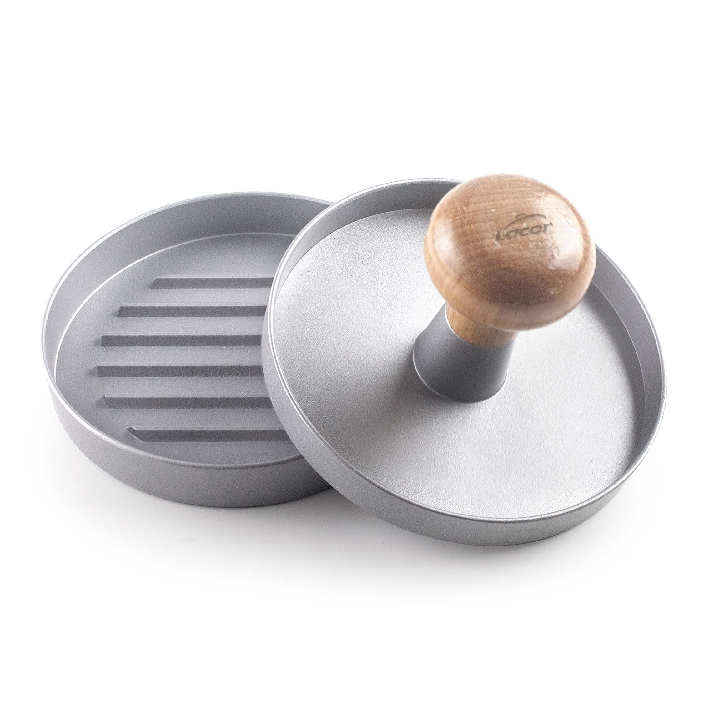 Lacor - 60258 - Homemade Hamburger Mould, Burger Press, Detachable Wooden Knob, Includes 60 Non-Stick Paper, Diameter 11 x 7.5 cm, Grey