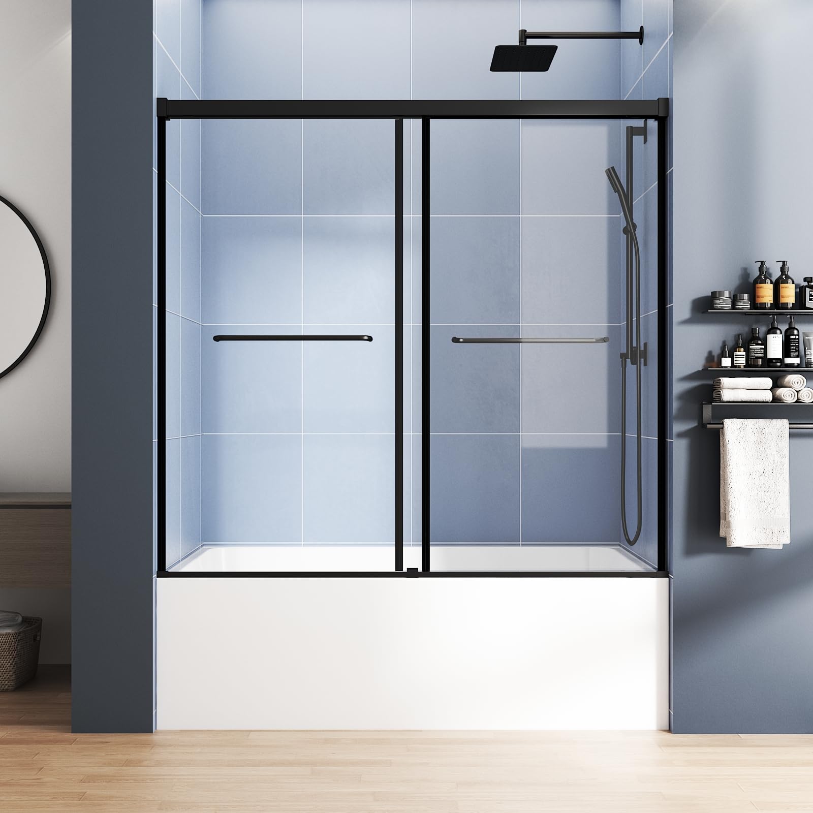 Photo 1 of Foskbaths Bathtub Sliding Door 55"-60" W x 56" H Tub Shower Door, Bathtub Glass Door Double Sliding Tempered Glass with Explosion-Proof Film Stainless Steel Matte Black