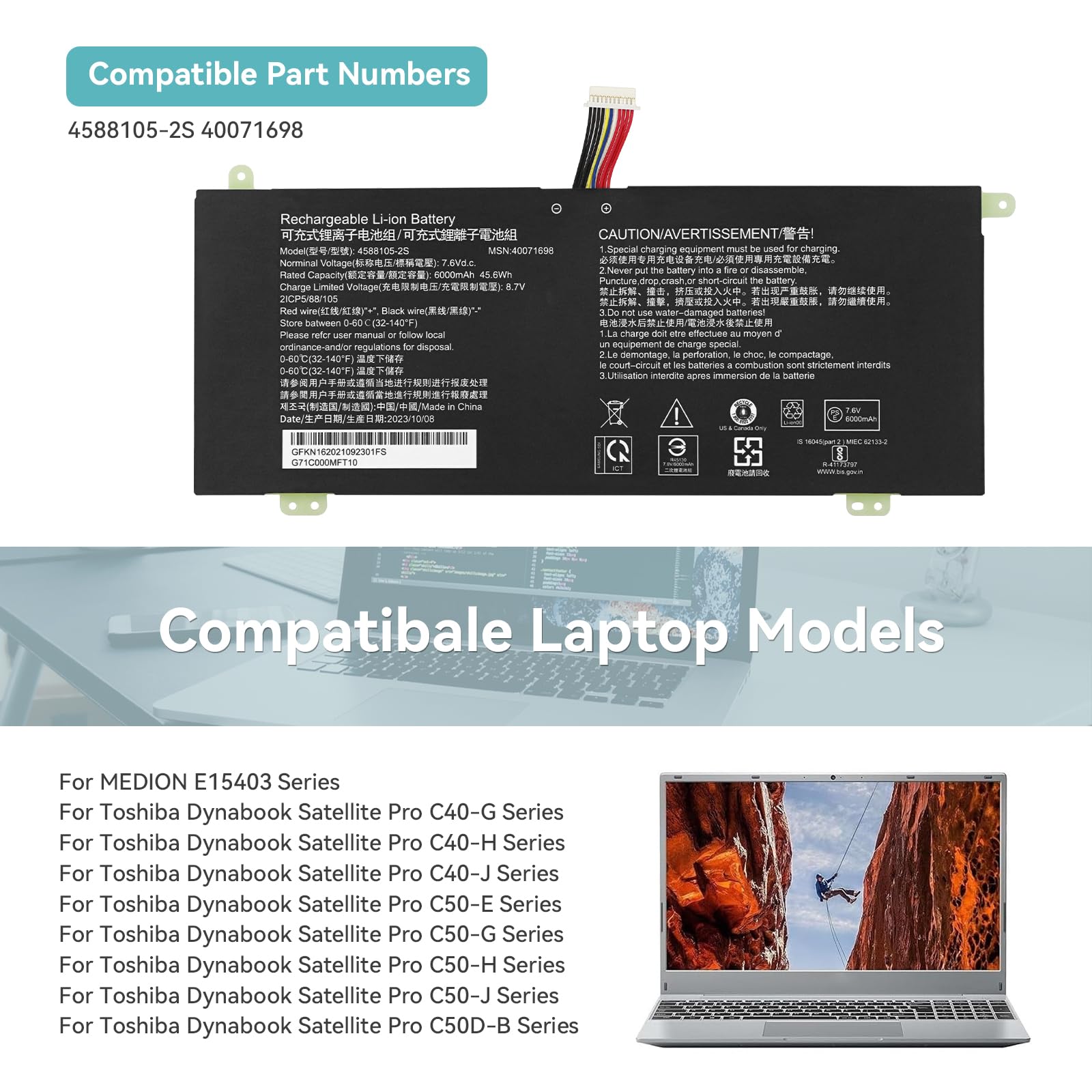 K KYUER 4588105-2S 40071698 Laptop Bateria do Toshiba Dynabook Satellite Pro C50-E C50-G C50-H C50-J C50D-B C40-G C40-H C40-J Medion Akoya E15403 Series MSN 30027586 30026724 30026727 40072215 Battery