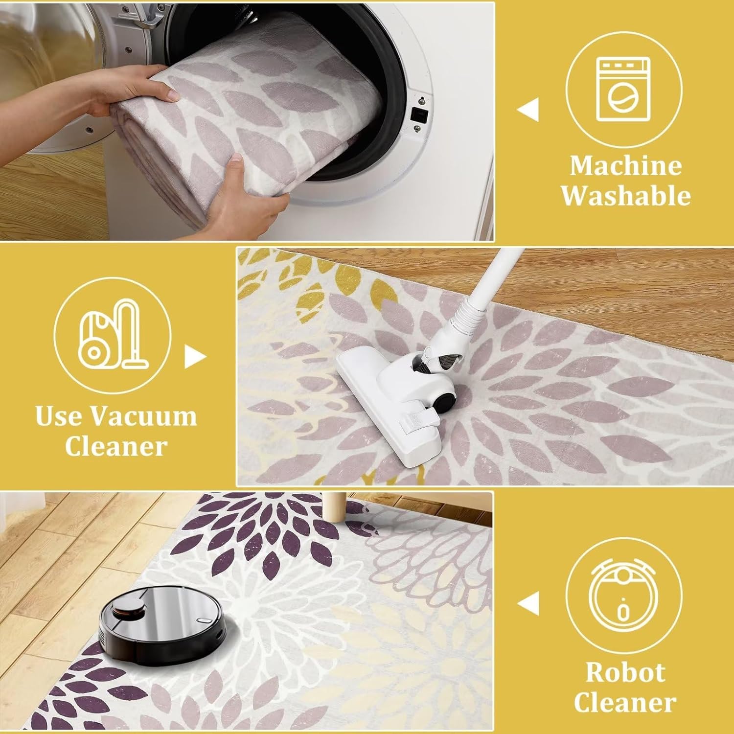 GlowSol Small Area Rug 2x3 Washable Entryway Rug Modern Floral Indoor Mat Low Pile Carpet Non Slip Non Shedding Fluffy Rug for Bedroom Living Room Entrance, Beige/Yellow