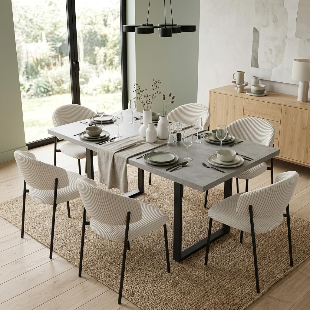 JIEXI Set di 6 tavoli da pranzo allungabili, 130 x 170 cm, 6 sedie in tessuto, superficie rettangolare in MDF e polvere di cemento, stile moderno e contemporaneo, per sala da pranzo e cucina