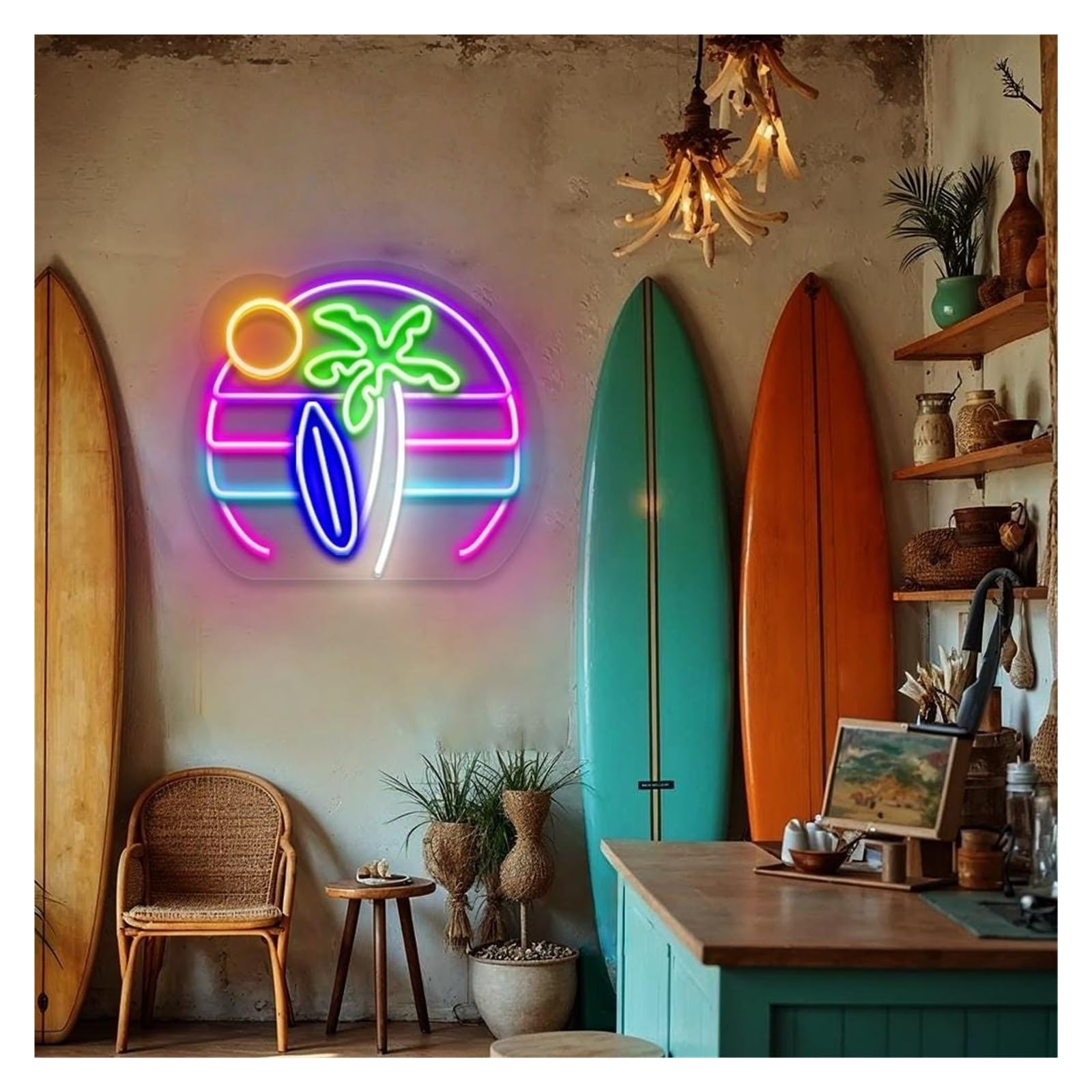 Luci al Neon Da Parete Luci Al Neon A Forma Di Tavola Da Surf Tropicale Con Palme, Adatte Per Decorazioni Da Parete Per Studio, Camera Da Letto, 43cmx48cm(B)