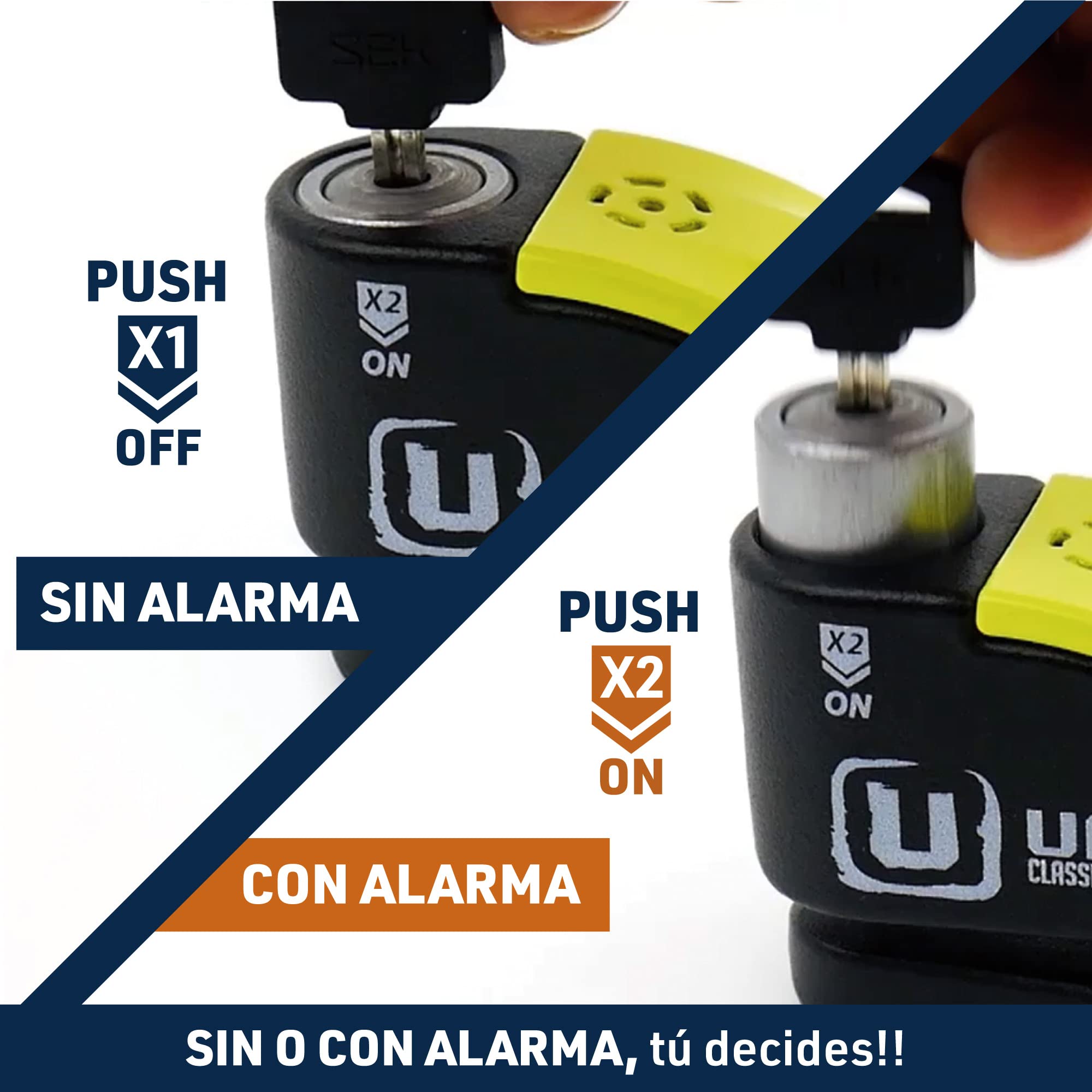 URBAN UR10 Candado Moto Homologado | Antirrobo Disco sin/con Alarma Hi-Tech Más Eficaz, 120dB, LED, Warning Inteligente, Sensibilidad A+ | Cepo Moto Pinza Freno, Doble Cierre 10mm, Acero Endurecido