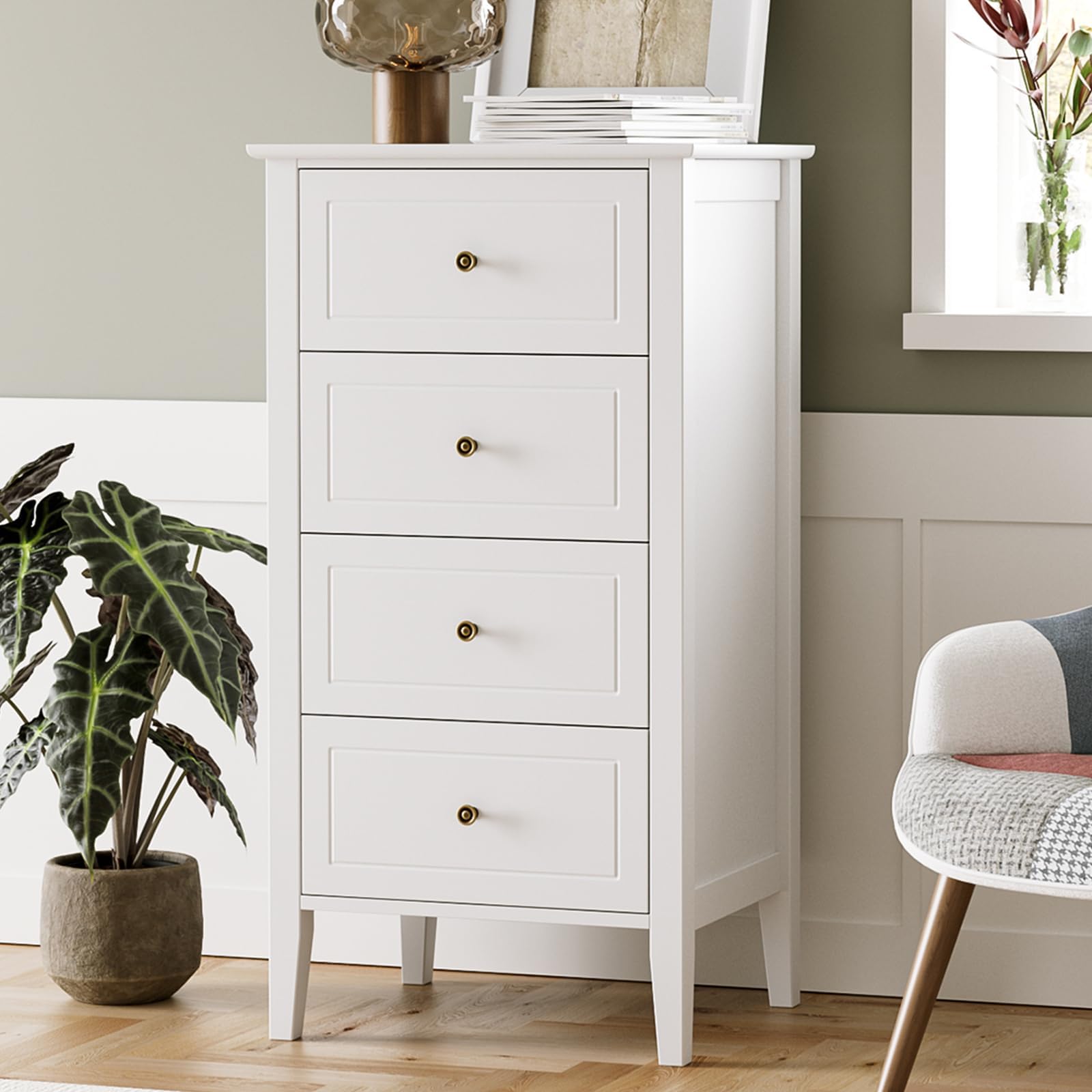 4 Drawer Dresser, White Dresser Antique Chest of Drawers with Solid Frame, Tall Wood Storage Chest Cabinet for Living Room, Bathroom, Entryway, White