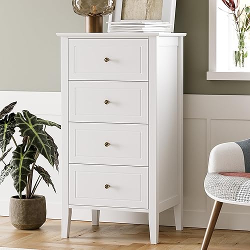 TTVIEW 4 Drawer Dresser, White Dresser Antique Chest of Drawers with Solid Frame, Tall Wood Storage Chest Cabinet for Living Room, Bathroom,