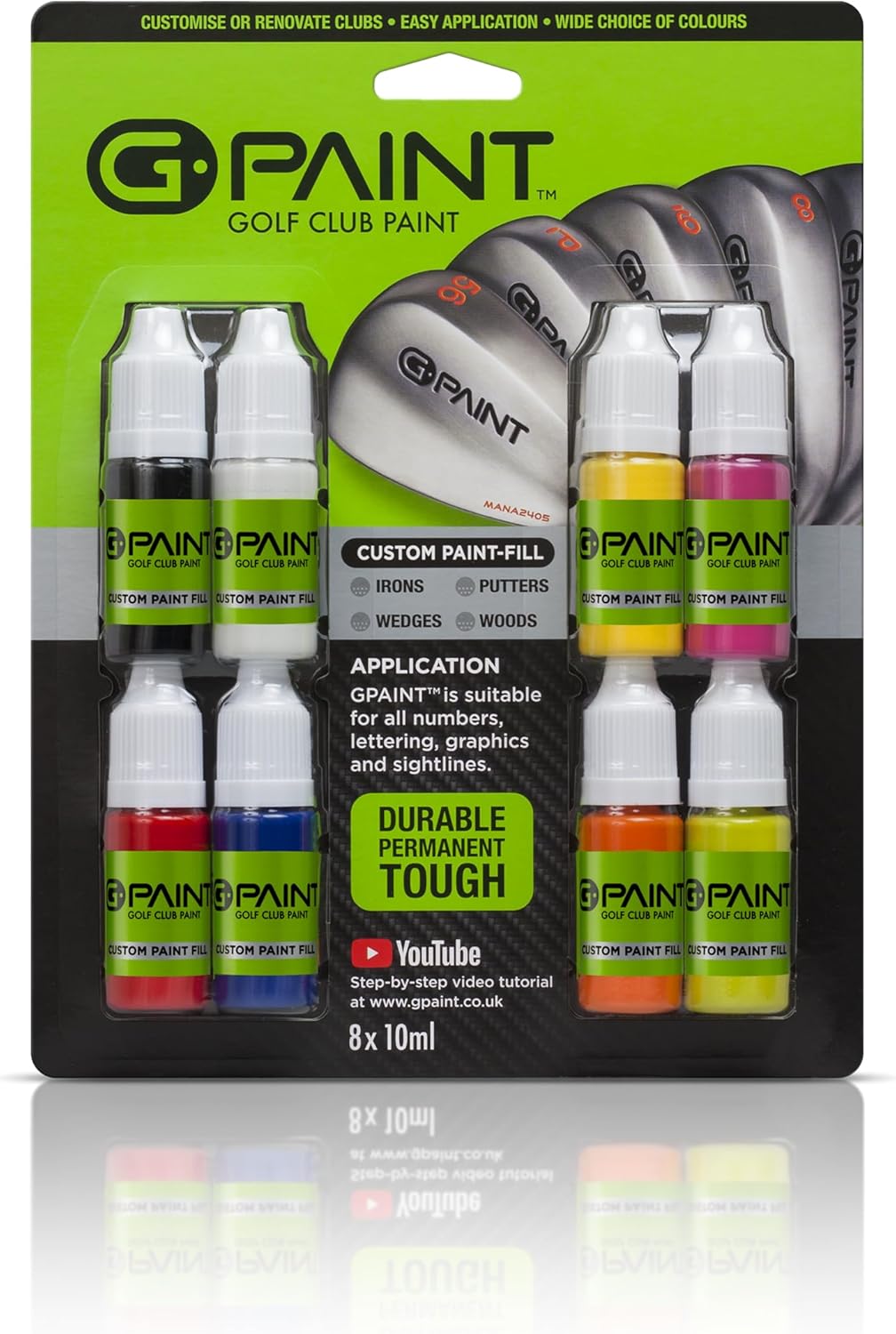 Golf Club Paint Touch Up, Fill In, Customize or Renovate Your Clubs - 8 Pack of 10ml Bottles. Black, White, Red, Blue, Yellow, Pink, Orange & Green