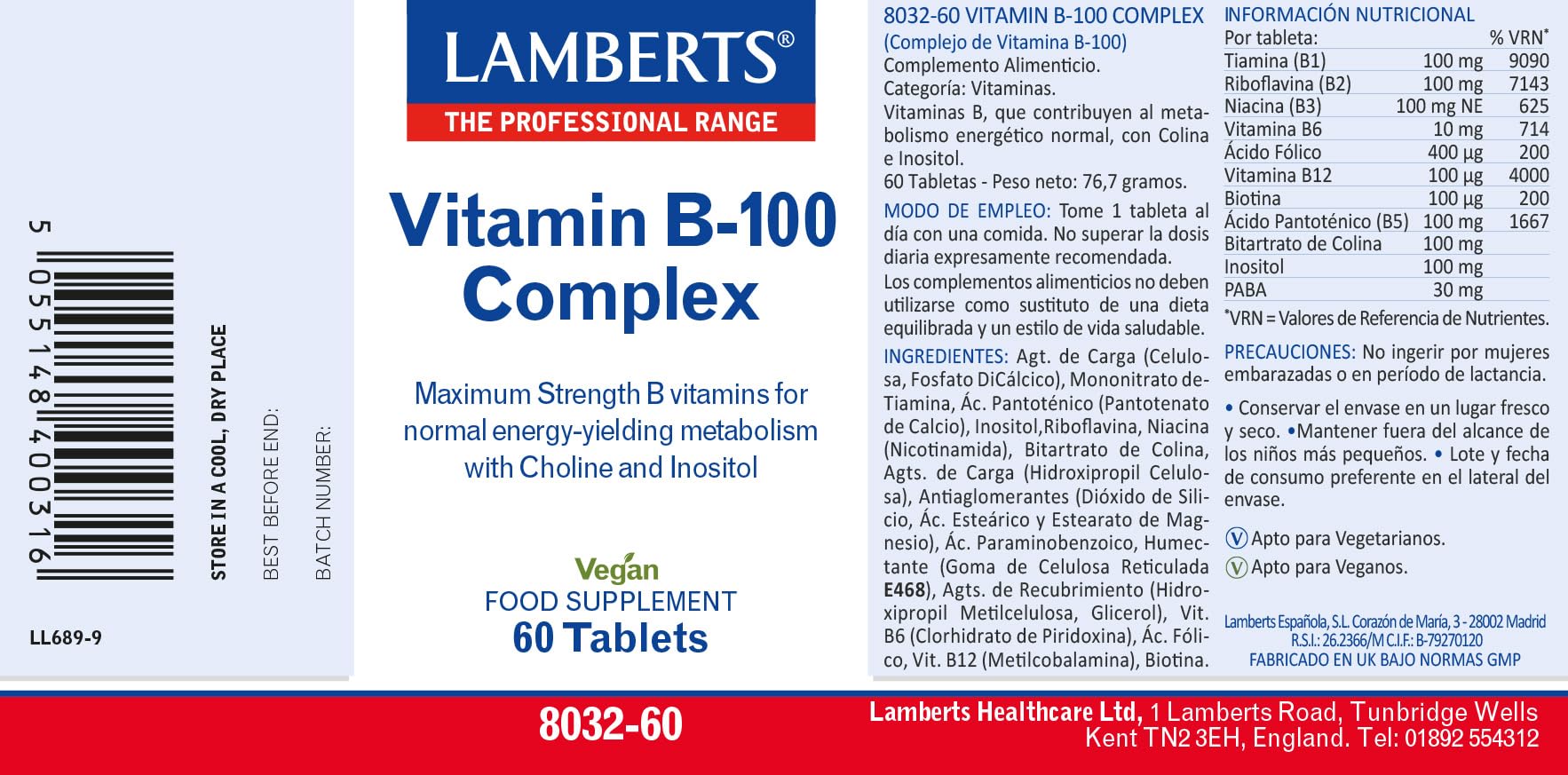 Lamberts Complejo Vitamina B-100 | 60 Tabletas | Una al Día | Sin Levadura | B12 como Metilcobalamina | Con Colina e Inositol | Calidad Farmacéutica GMP
