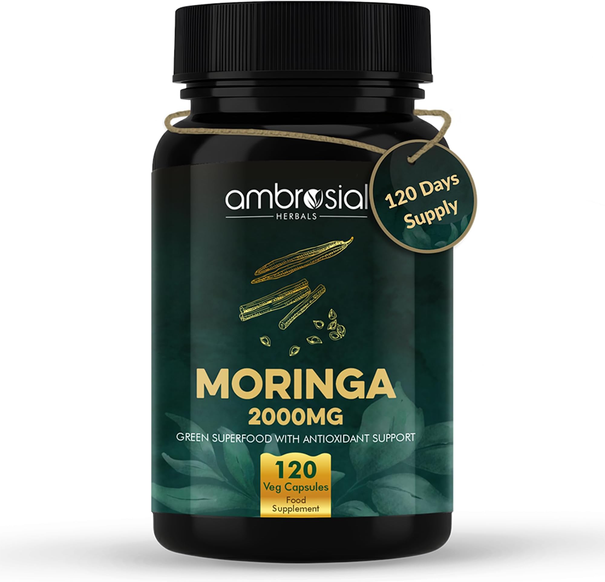 Ambrosial Moringa Capsules 2000mg | Moringa Leaf Extract | Plant-Based Herbal Supplement | Natural Wellness Support | 120 Vegan Capsules