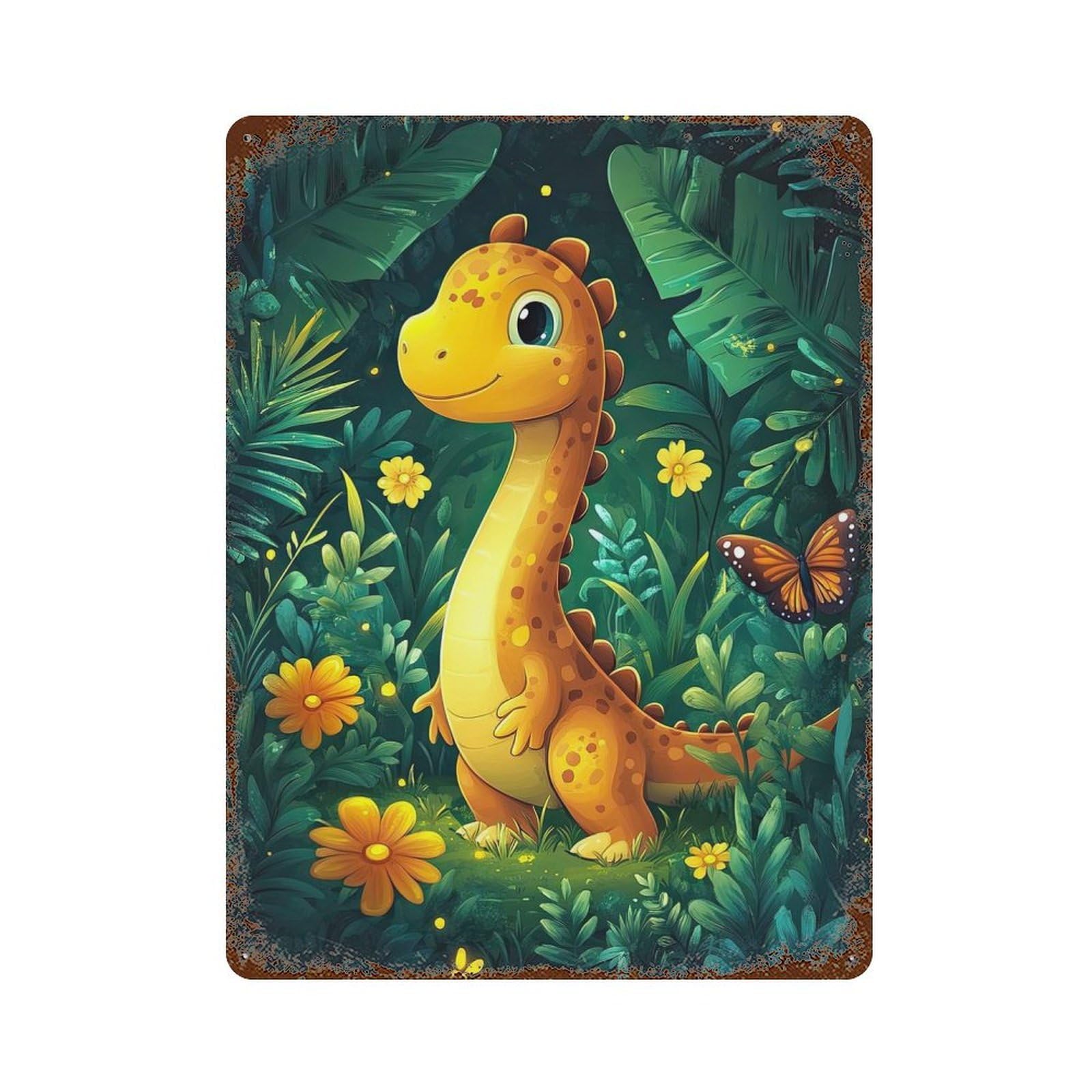 Weathered Tin Sign with Cute Dinosaur in Jungle Design 15.7"x11.8", for Office, Studio And Wall Decor, Retro Wall Decor