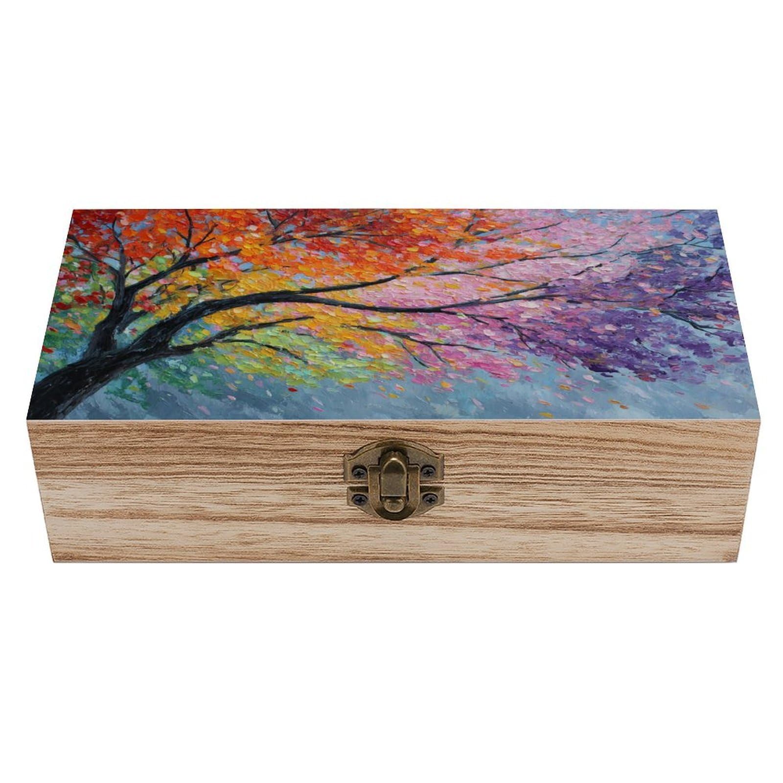 Ahdyr Colorful Tree with Leaves Blowing Wooden Storage Box with Hinged Lid And Front Clasp Large Keepsake Box
