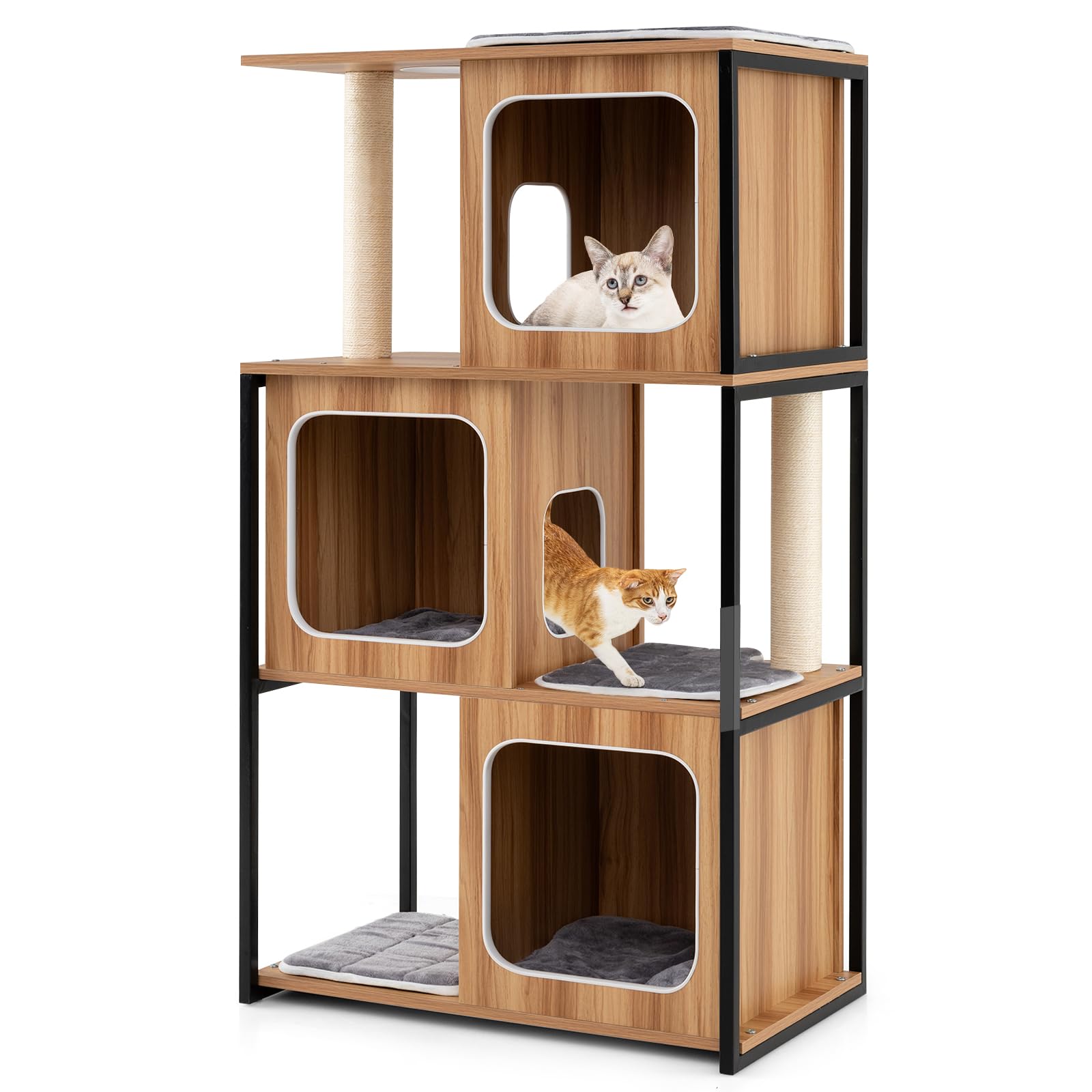 COSTWAY Modern Cat Tree, 133cm Multi-level Cats Climbing Tower with Scratching Posts, Condos, Removable Cushions, Wooden Kitty Activity Furniture