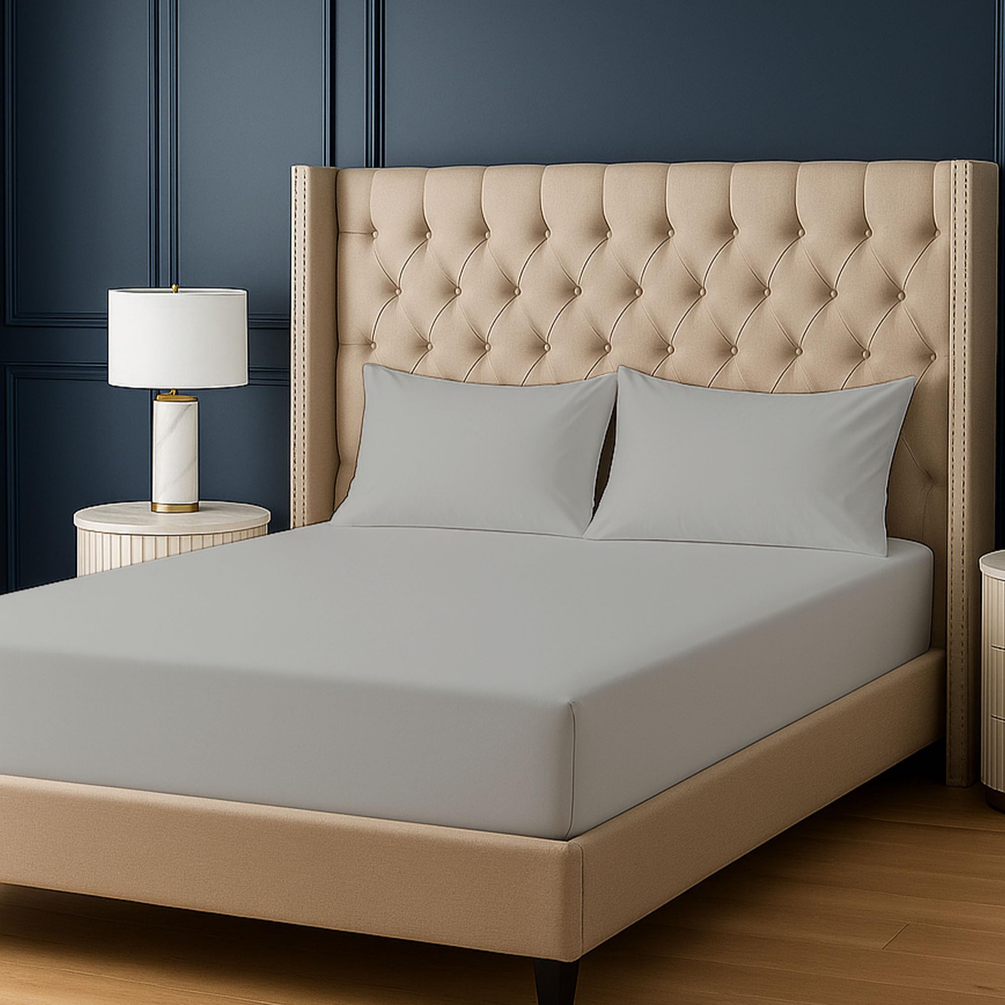 Bloombedding Silver 100% Egyptian Cotton 400Tc 3Pc King Size Fitted Sheet Set, 25Cm Deep Pocket