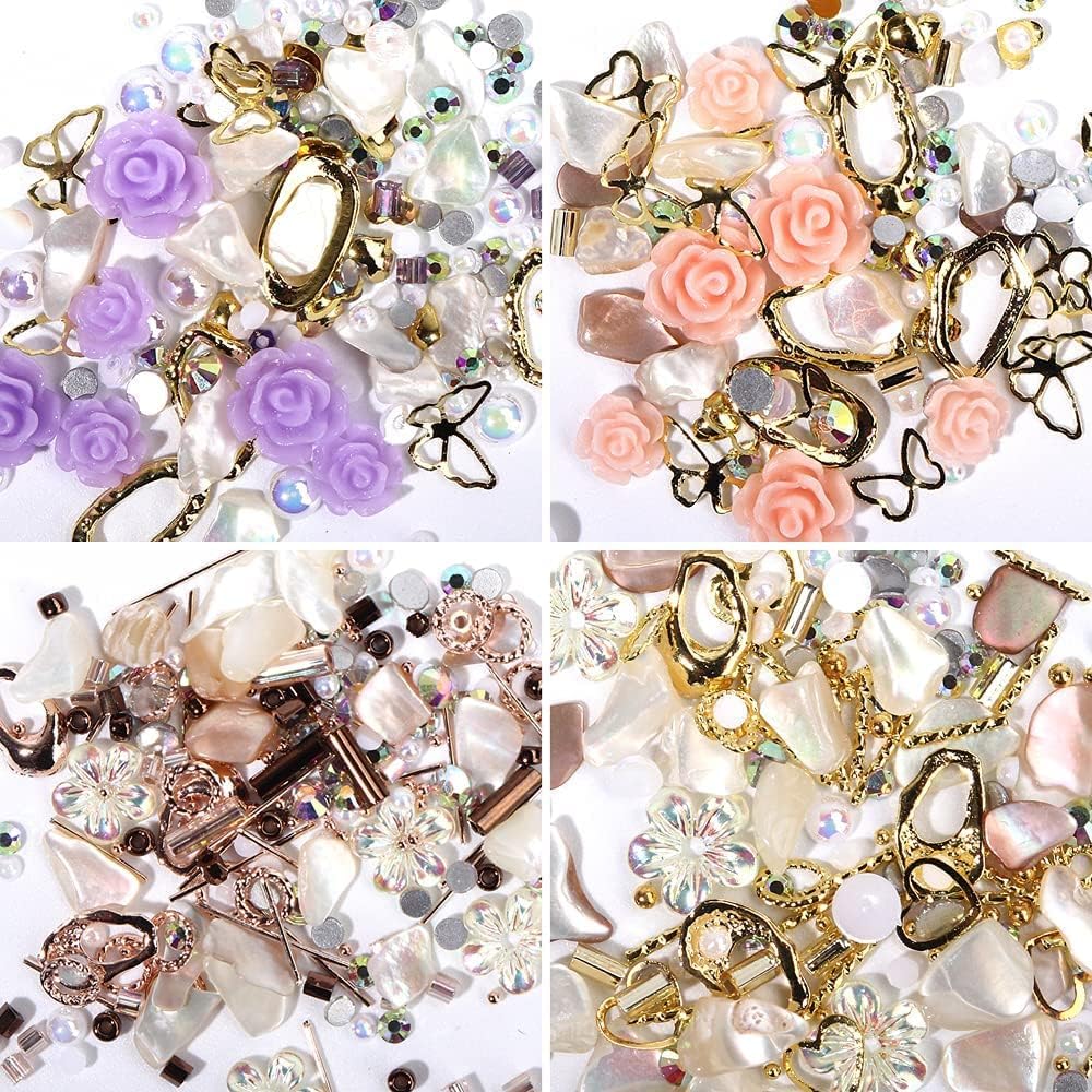 4 Boxes 3D Flowers for Nails, 3D Nail Charms for Acrylic Nails Pearl for Nail Art Decorations, Nail Accessories 3D Pearls Nail Rhinestones for Nails