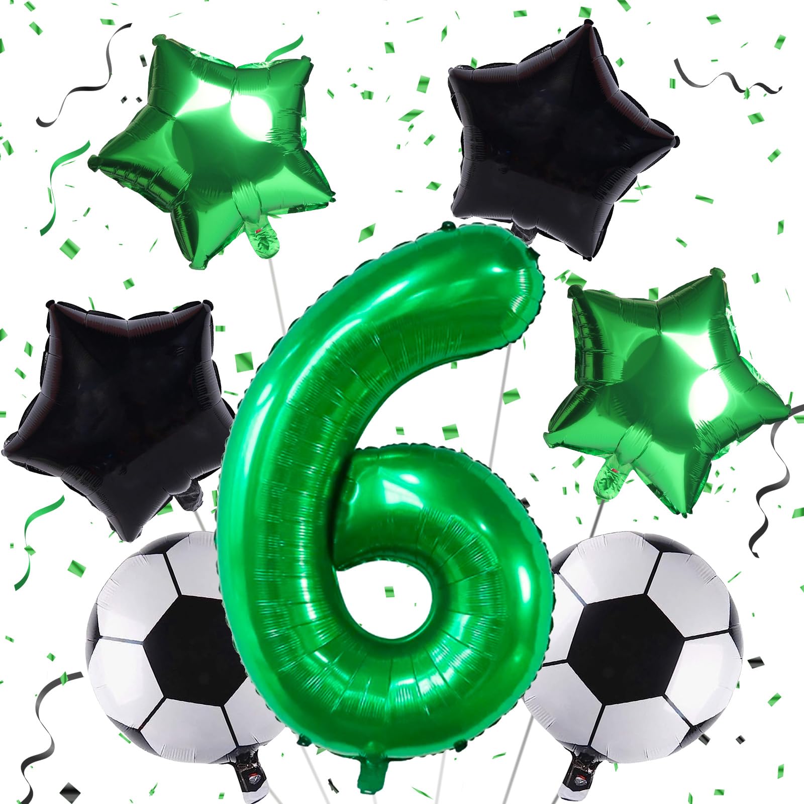 Soccer Balloons 6th Birthday Decoration for Boys, Kids Soccer Birthday Party Supplies with Championship Trophy Balloon, Number 6 Foil Black Green Sports Theme Party Decor