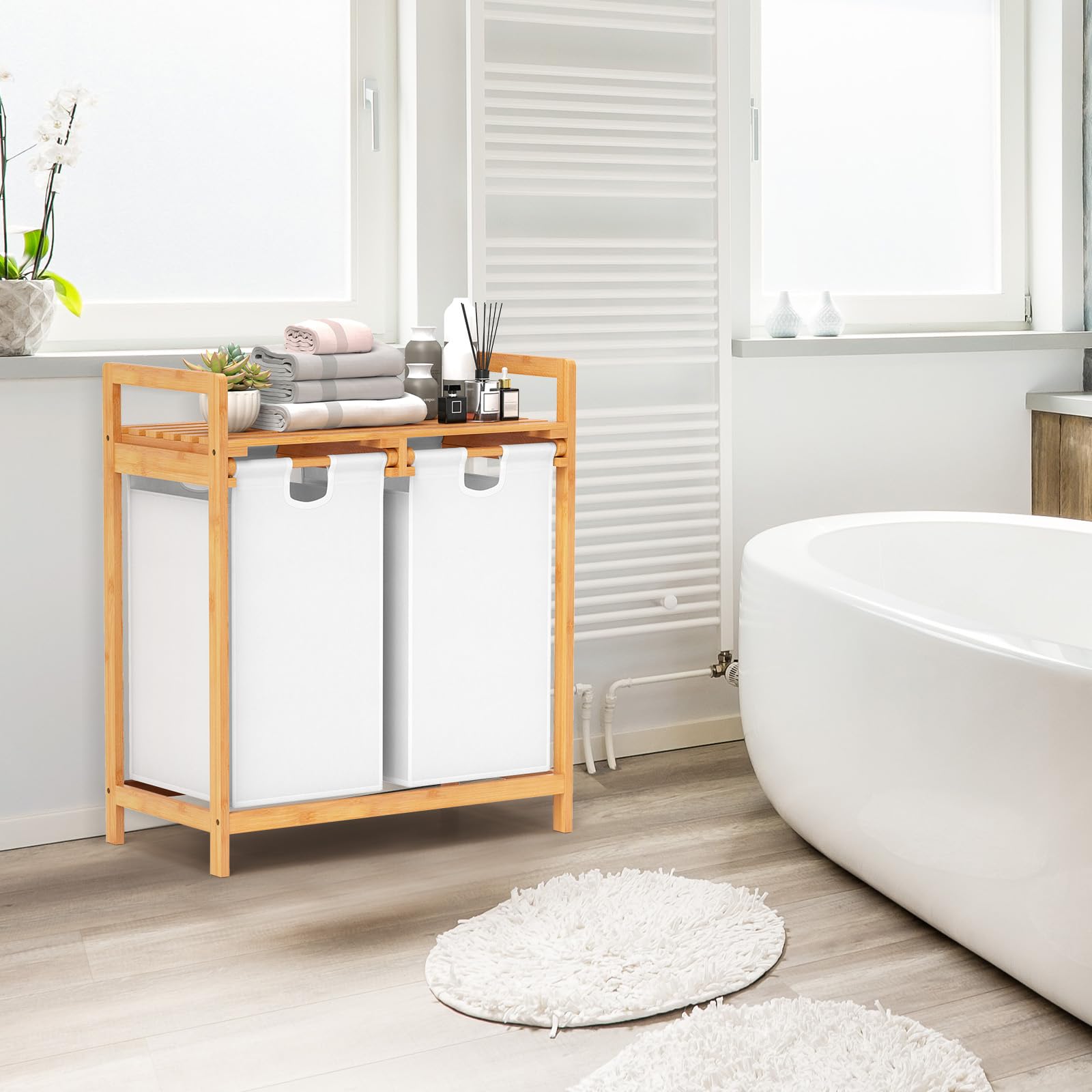 COSTWAY Cesta de la Ropa Sucia de Bambú con Doble Compartimiento, Cesta de 2 Secciones para Lavandería con Bolsas Removibles y Repisa Arriba, Organizadorde Colada Baño Salón Dormitorio (Blanco)