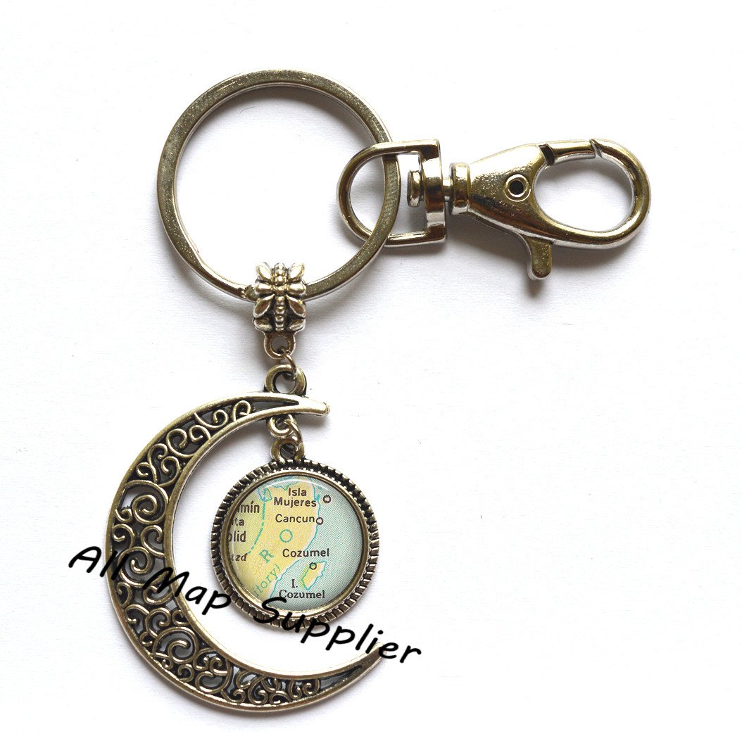 AllMapsupplierCharming Moon Keychain Cancun/Cozumel map Moon Key Ring, Cancun map Moon Keychain, Cozumel map Moon Keychain, Cancun Moon Keychain, A0055, Silver, 2cm