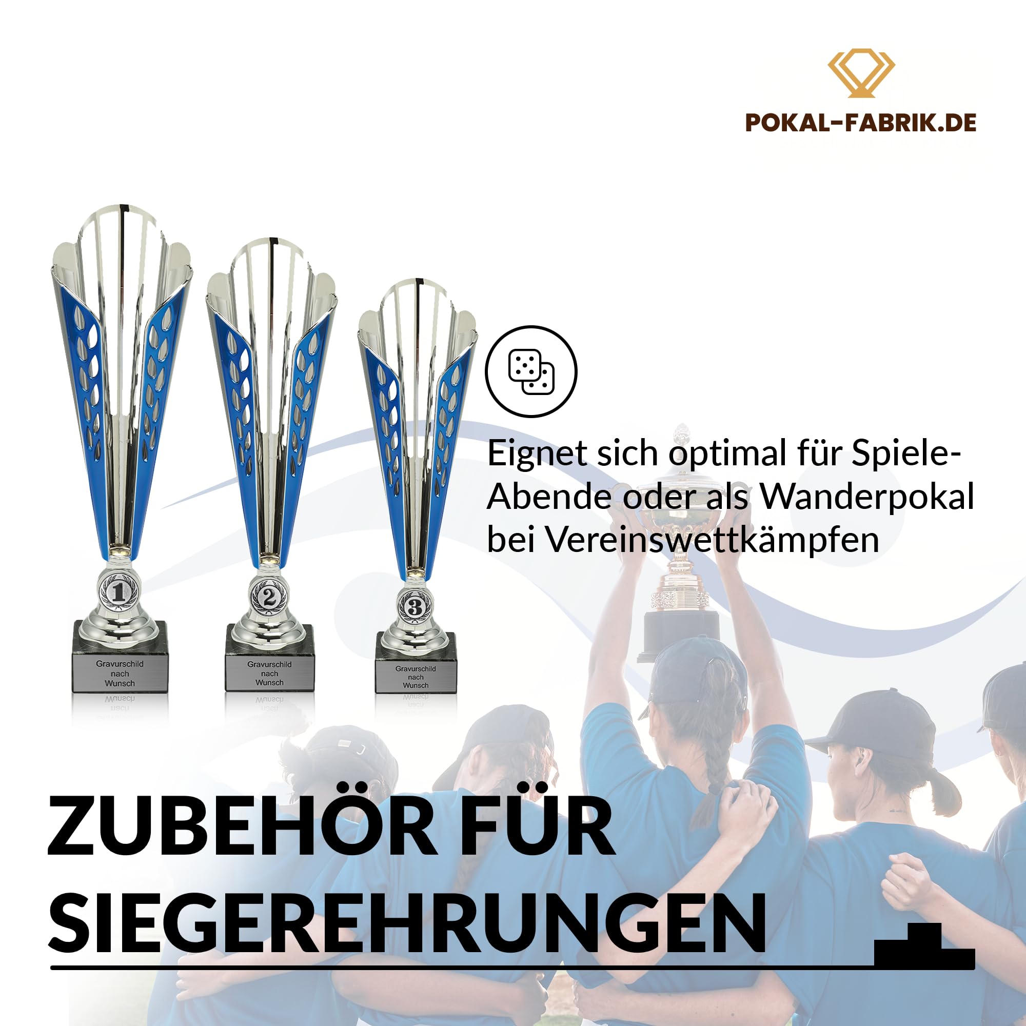 Pokal-Fabrik Pokal mit Gravur Wunschtext – Silber & Blau Trophäe mit Sportart Emblem nach Wahl – Personalisierte Auszeichnung für Fußball WM & Sport Events – 32/33,5/35,5 cm inkl. Marmorsockel