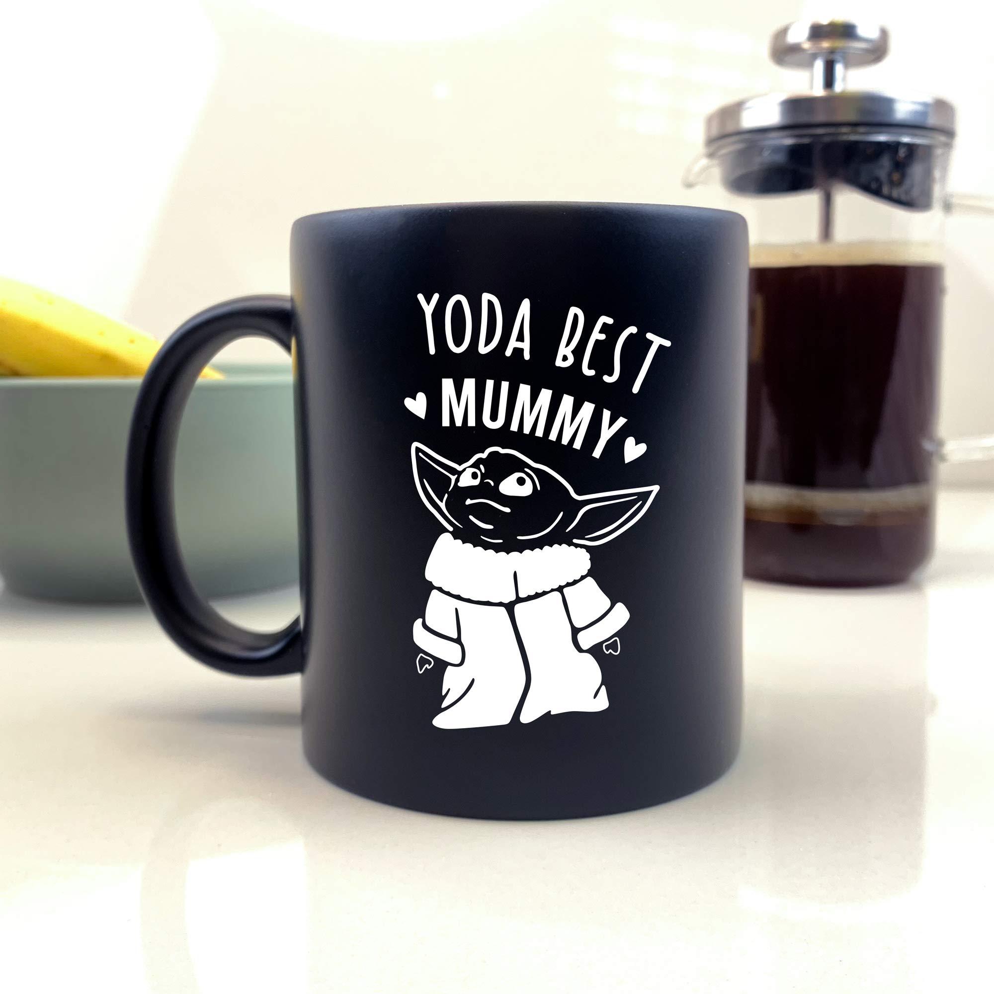 eBuyGB Personalised Coffee Mug, Matt Black Baby Yoda Mug, 350ml Star Wars Themed Tea Cup, Gifts for Mummy from Daughter, Son (Yoda Best Mummy)