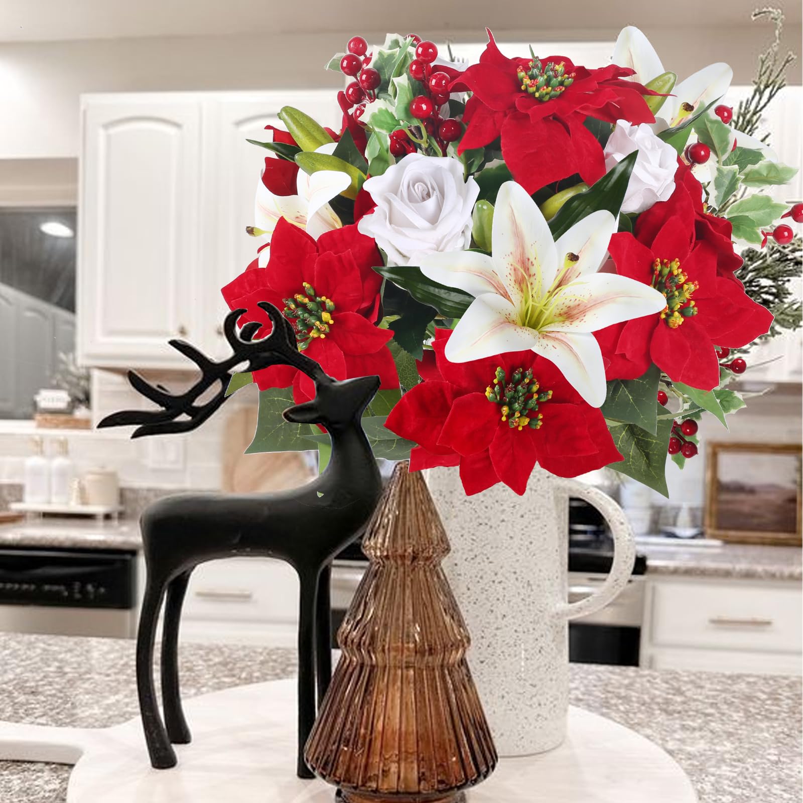 Künstliche Weihnachtssterne Mit Metallvasen – 6 Sets In Rot, Grün, Weiß, Inkl. Beeren, Tannennadeln & Schaumstoff