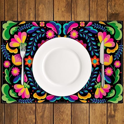 Miniatura 2 de Nepnuser Juego de 4 manteles individuales mexicanos florales para decoración de fiesta del Cinco de Mayo, manteles individuales para decoración del