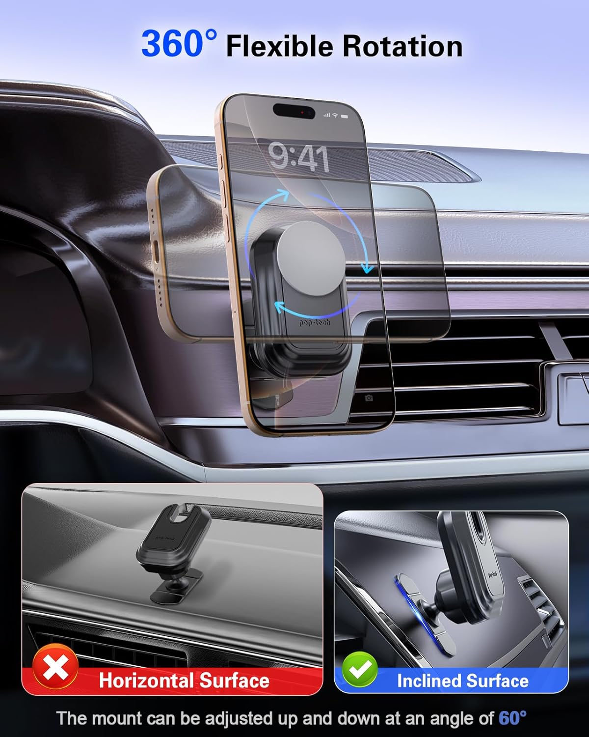 pop-tech Car Phone Mount for Socket Grip, Adjustable Strong Sticky Cell Phone Holder, Dashboard Adhesive Socket Car Mount Compatible with Thick Wallet Grip for iPhone Samsung Card Holder