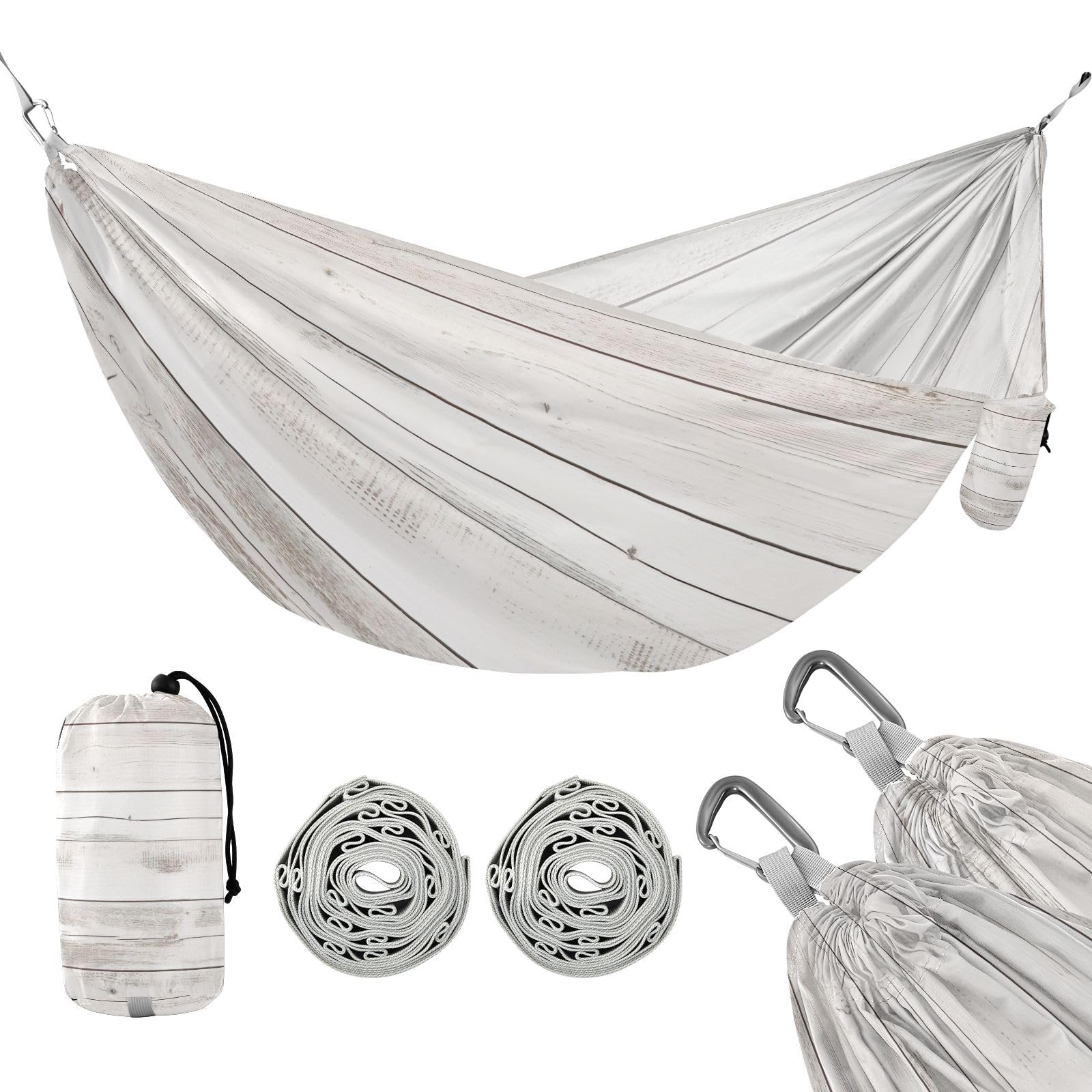 SDMKA White Wood Texture Camping Hammock, 330 lbs with 2 Tree Straps, Carry Bag, Single Portable Hammock for Outdoor/Indoor, Hiking, Beach, Backpacking, Travel