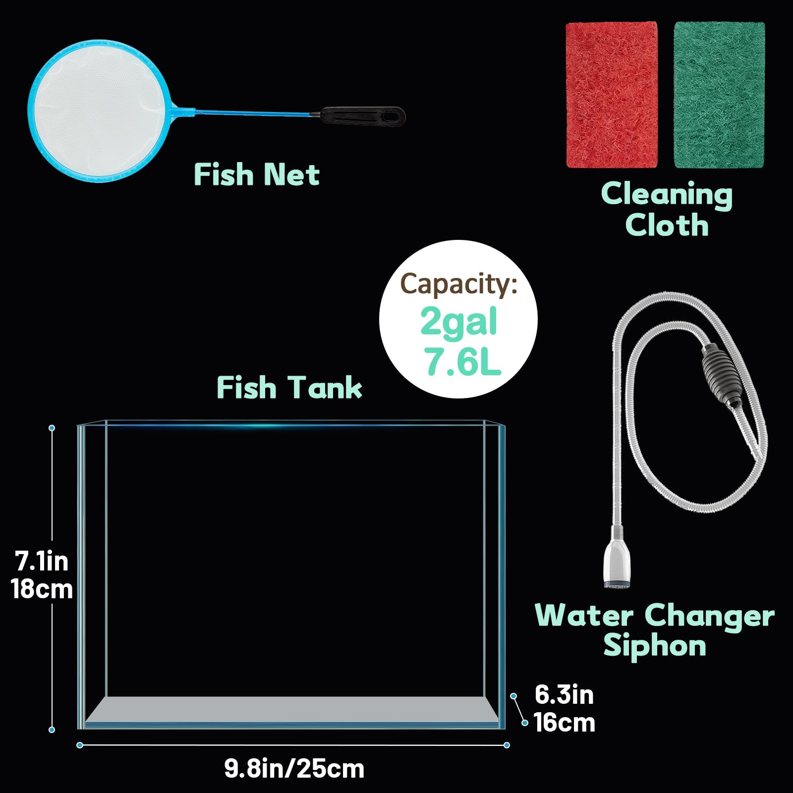 LAQUAL Kit Acuario de 7.6 L con Red, sifón & 2 paños de Limpieza, Cristal Transparente, pequeño Acuario para Betta y Peces Dorados, Bonita decoración del hogar