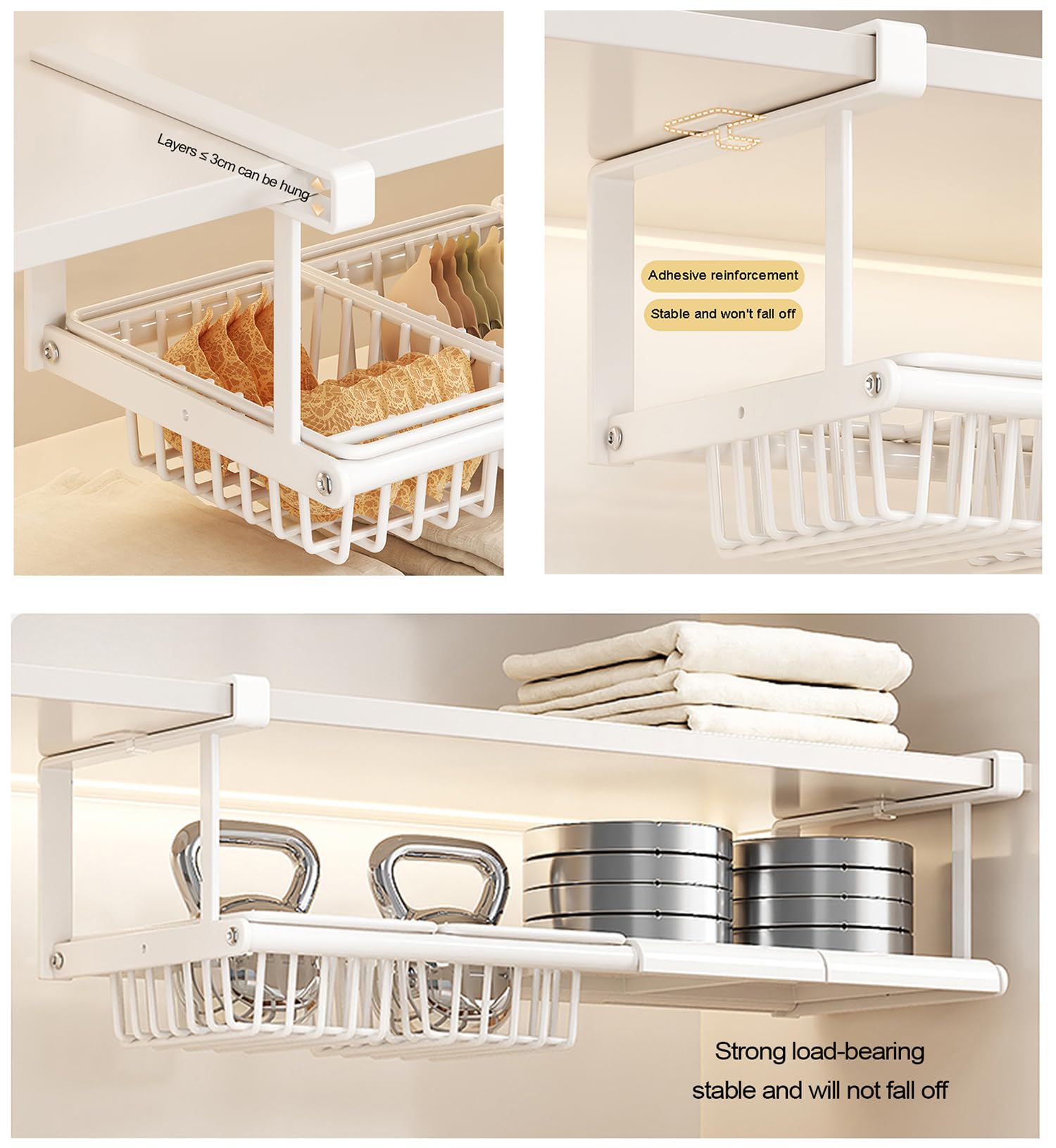 Panier de Rangement sous étagère, Étagère de Rangement Extensible sous l'armoire, Tiroir Suspendu sous Étagère pour Cuisine, Bureau, Garde-Manger, Salle de Bain,Blanc,2 Boards 3 Baskets