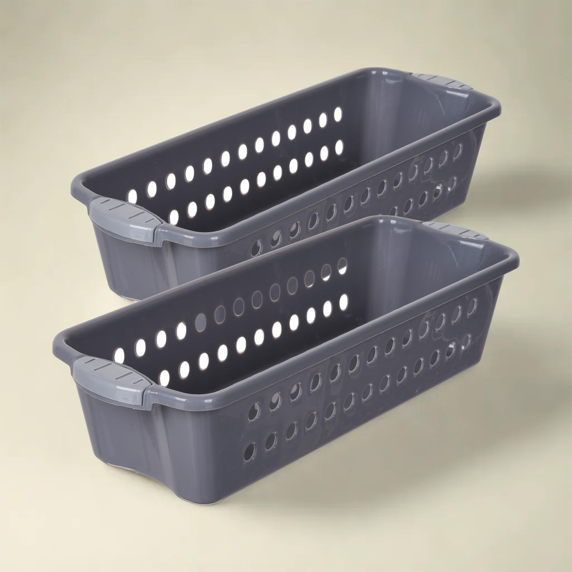 Kuber Industries Plastic Pack of 2 Storage Basket,Storage Organizer for Kitchen-Refrigerator-Vegetables-Stationery,Multipurpose Cabinet Shelf Rack,Storage Box for Kitchen,JAWA-2,Medium,Gray 35x13x8 cm-image-10
