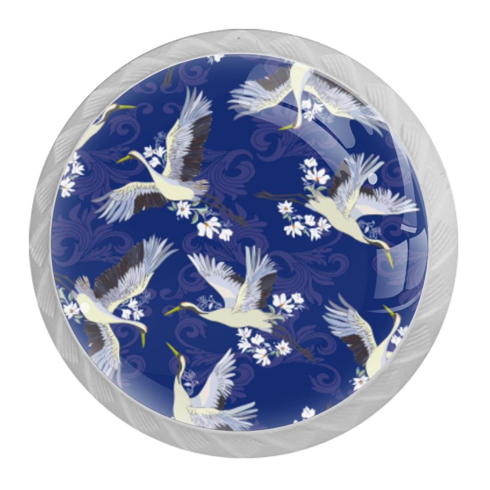 Tqmspg Multi10 4 Pieces Drawer Pulls Japanese Crane Birds Floral Flowers Background Door Knobs Dresser Handles For Kitchen Wardrobe Cupboard Hardware Furniture