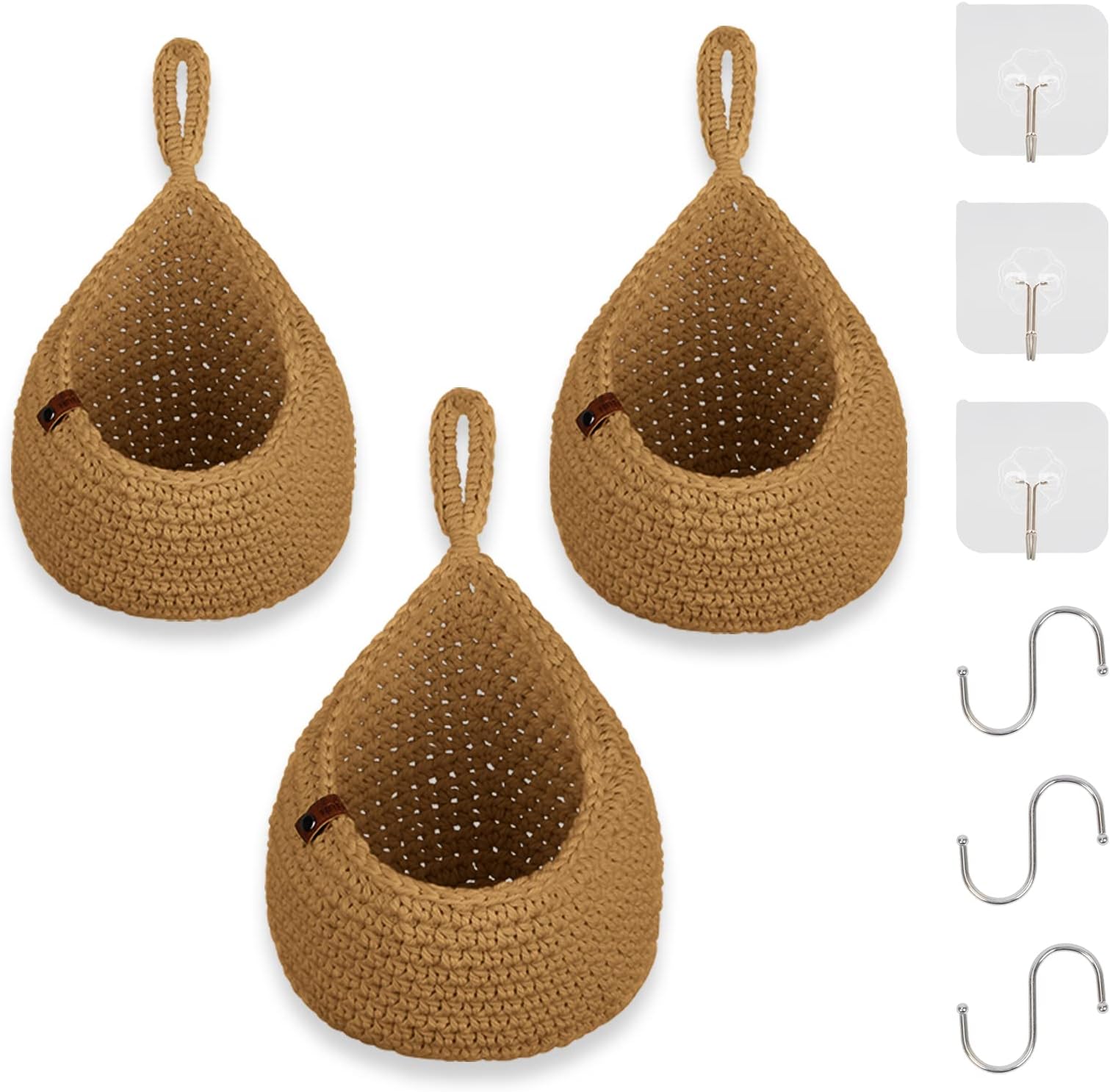 yazi Onion Basket Hanging for Pantry, Potato Garlic Onion Pantry Storage Baskets, Boho Wall Baskets for Kitchen, Garlic Keeper, Bohemian Handwoven Wall Mount Fruit or Veggie Basket Decor Set of 3