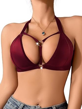 Womens PU Leather Bra Halter Racerback Triangle Bralettes Adjustable Straps Lingerie Rings Cut Out Crop Tops