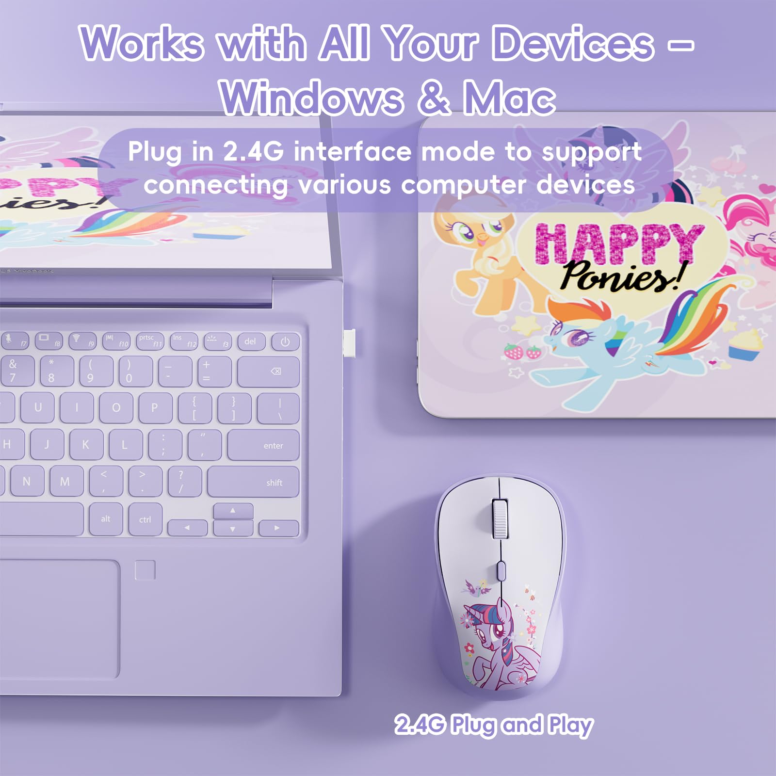 My Little Pony Twilight Sparkle Mouse wireless – Mouse silenzioso a 4 pulsanti con 3 DPI regolabili (1000/1200/1600), 2,4 GHz wireless per Windows/Mac, design compatto ed ergonomico, viola